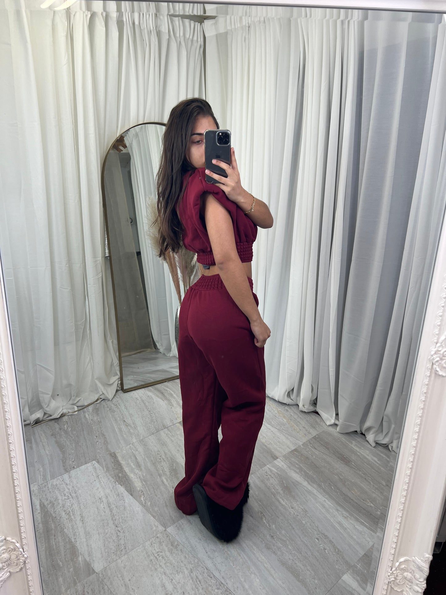 Sleeveless shoulder padded wide leg loungewear set