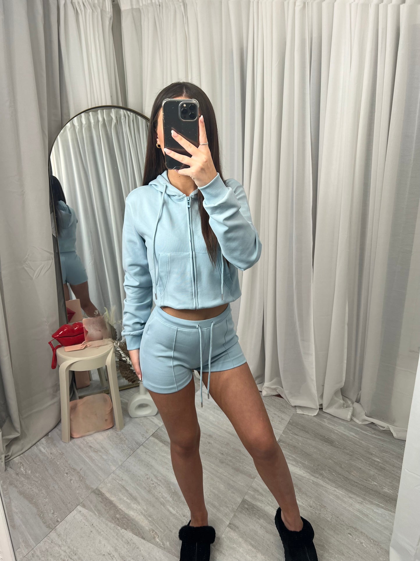 Hooded top with zip front long sleeved with drawstring shorts and elasticated waist