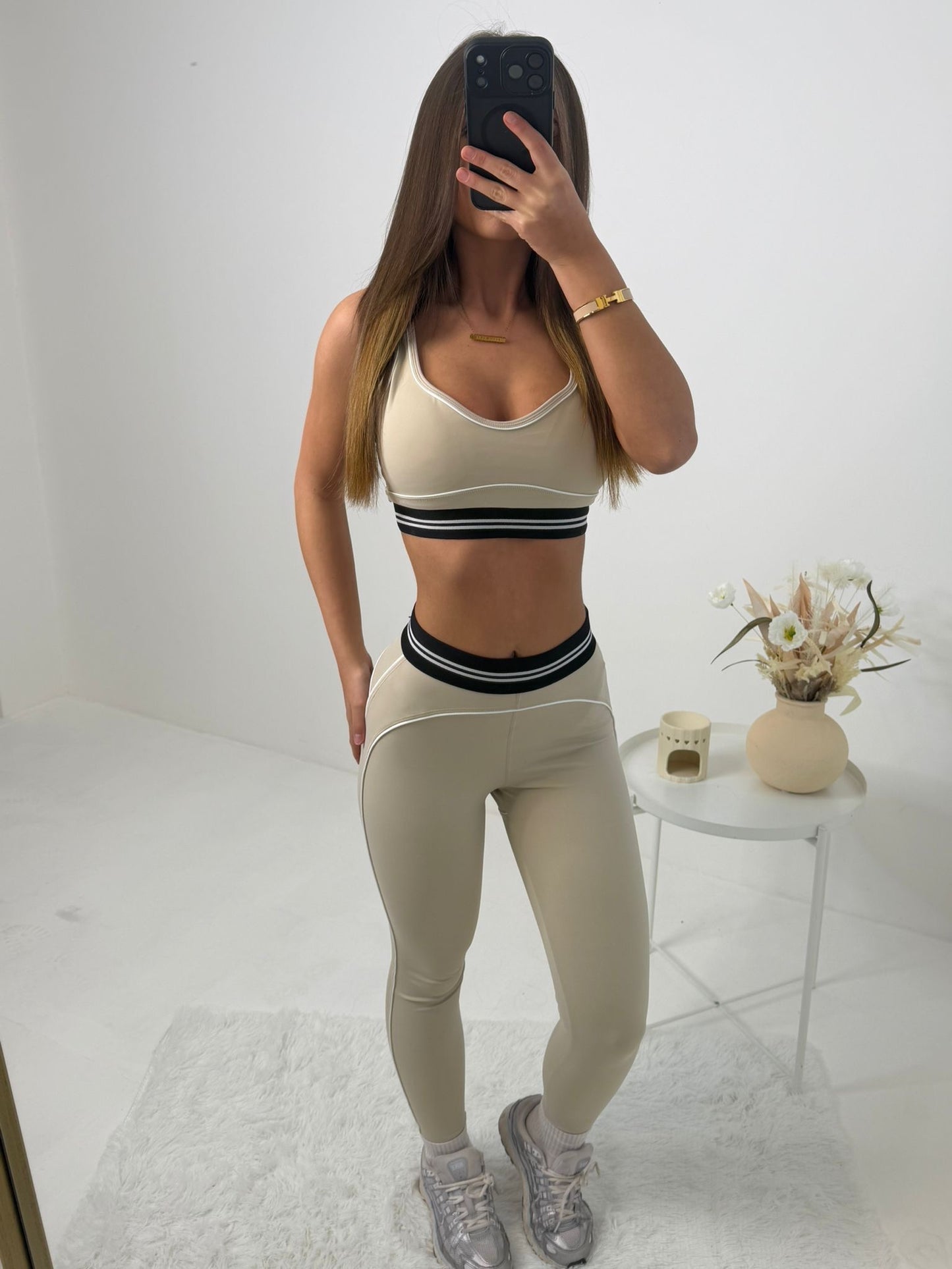 LUX contrast waistband padded gym set with piping detail