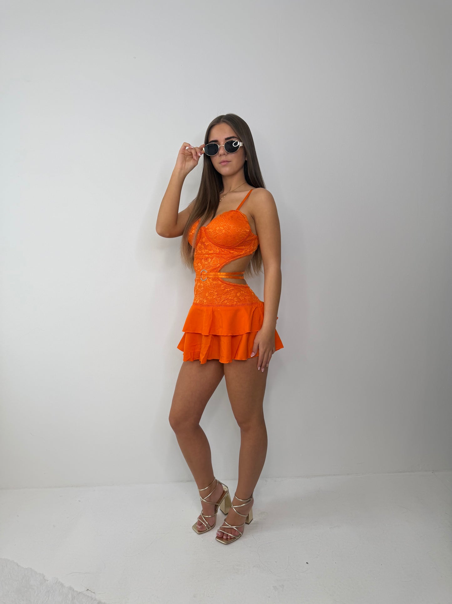 Alaia lace strap mini padded party festival dress ORANGE