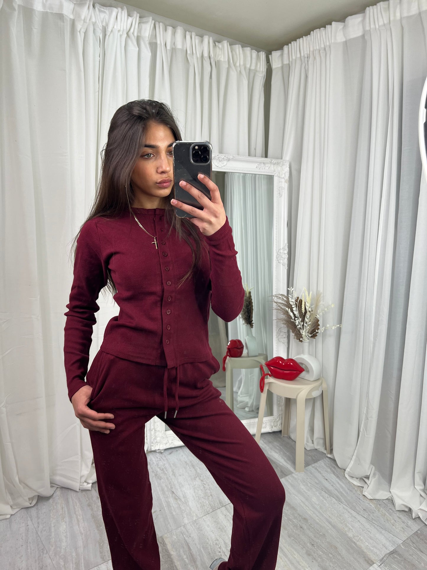 Buttoned ribbed “mae” long sleeved cardigan with straight leg bottoms lounge set