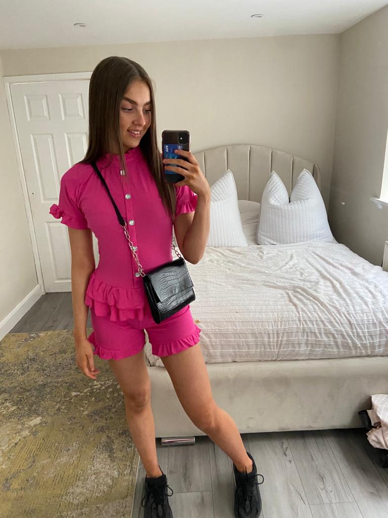 Amy ribbed peplum top and frilled hem shorts lounge wear set