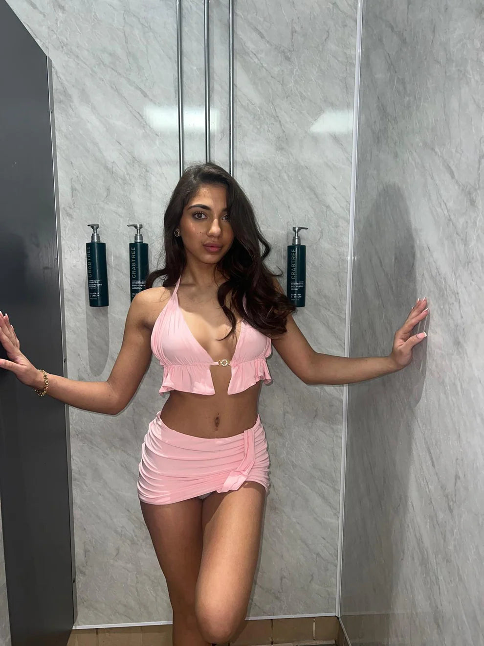 Frill bikini chain top with ruched tie mini skirt 3050