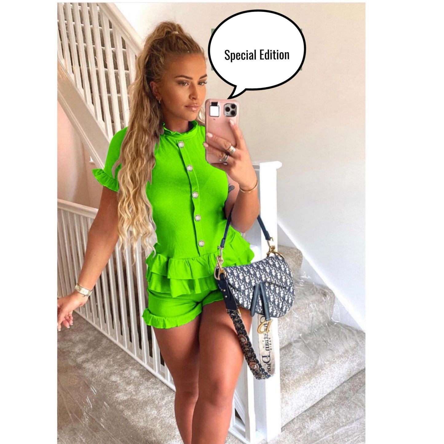Amy ribbed peplum top and frilled hem shorts lounge wear set