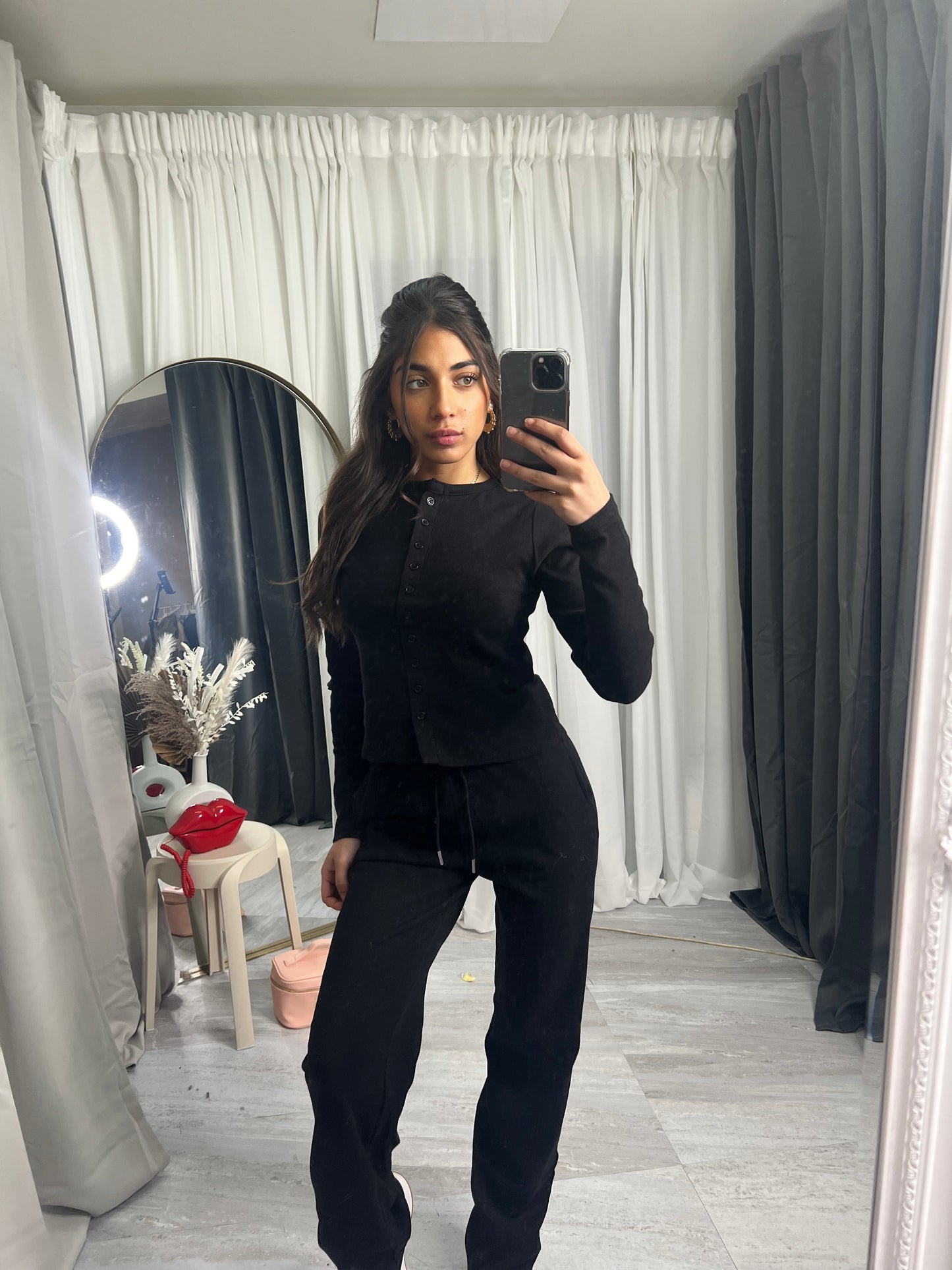 Buttoned ribbed “mae” long sleeved cardigan with straight leg bottoms lounge set