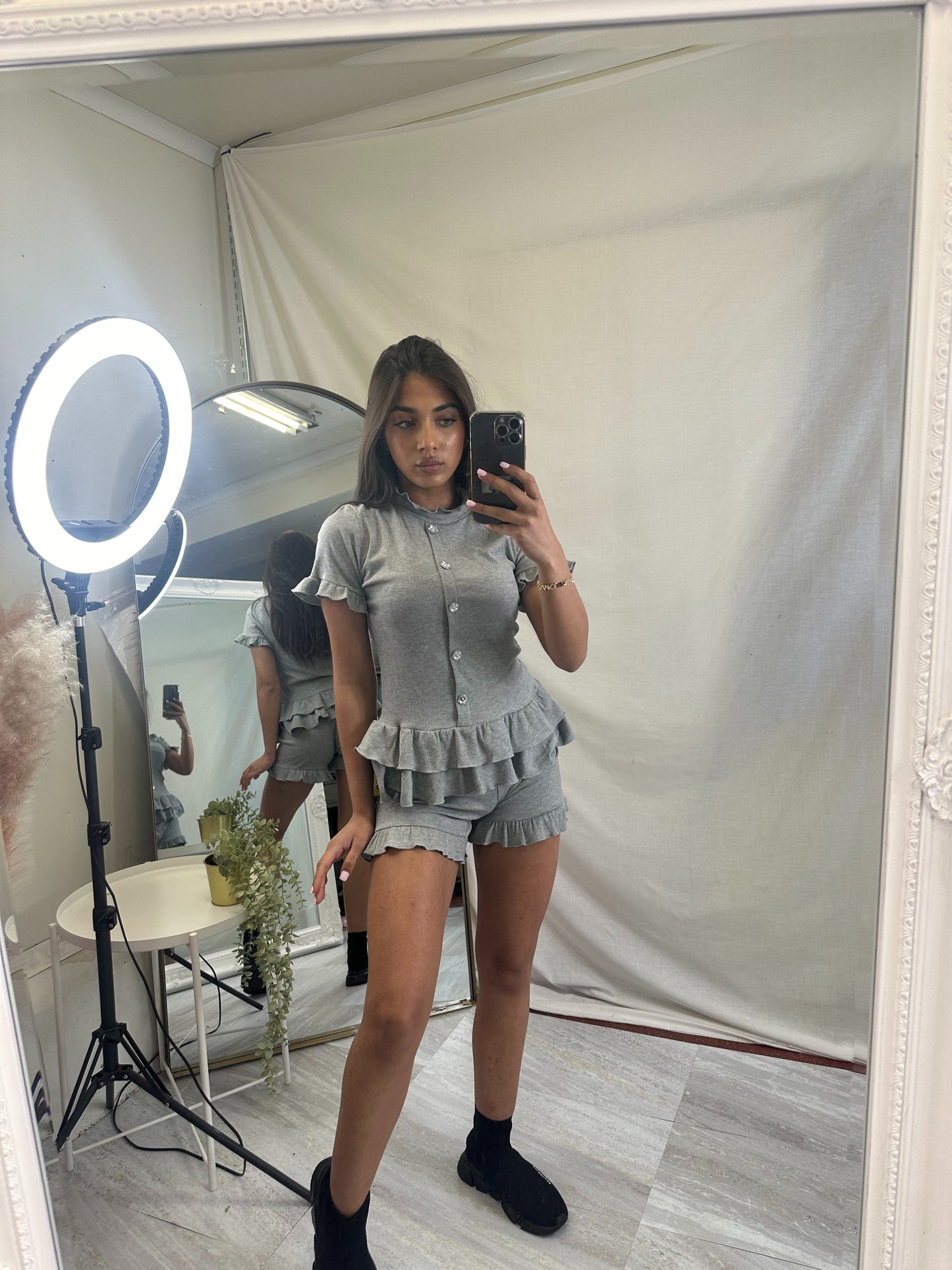 Amy ribbed peplum top and frilled hem shorts lounge wear set