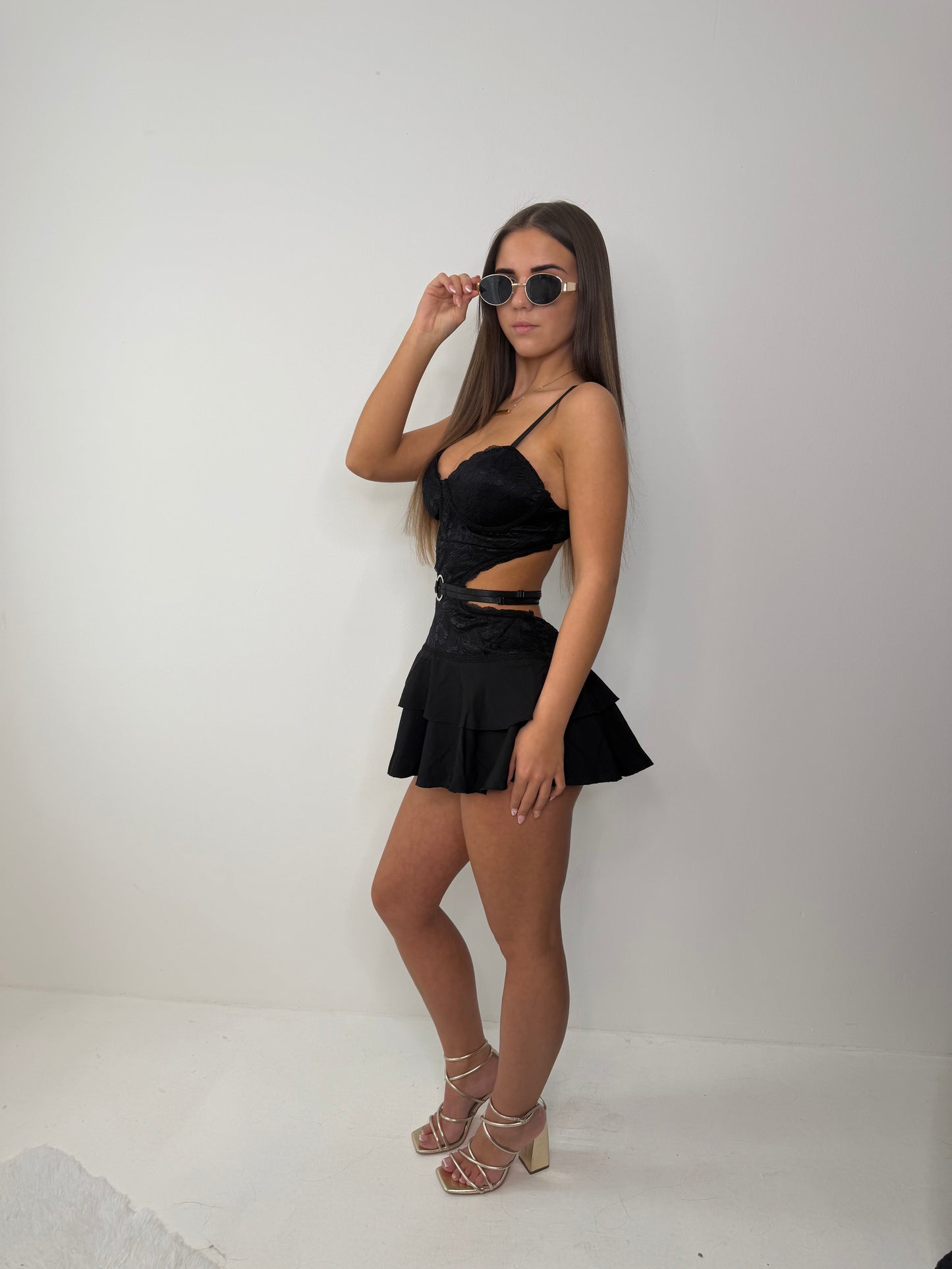 Alaia lace strap mini padded party festival dress BLACK