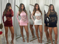 Long sleeved lace mini ruched bottom party dress