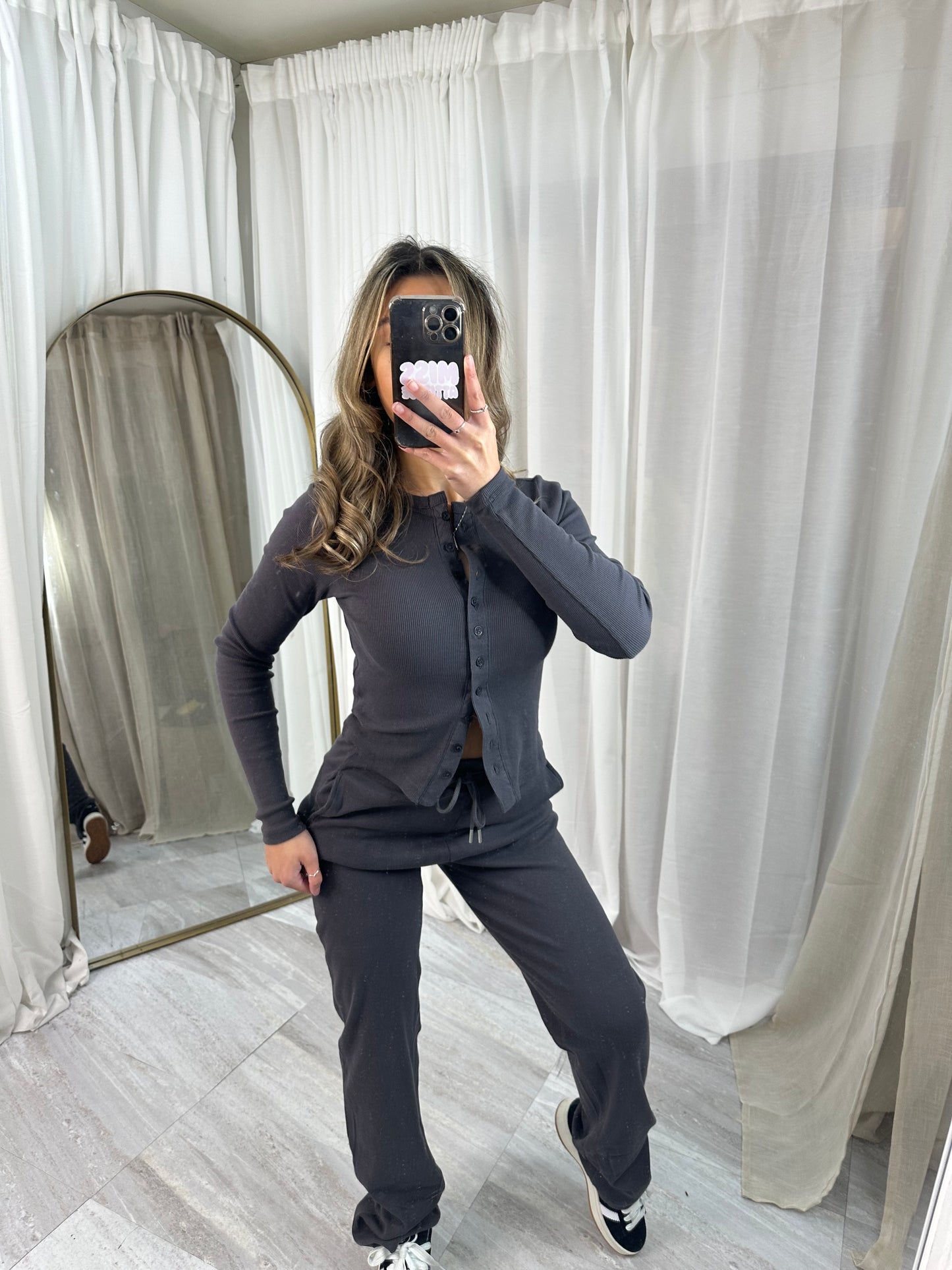 Buttoned ribbed “mae” long sleeved cardigan with straight leg bottoms lounge set