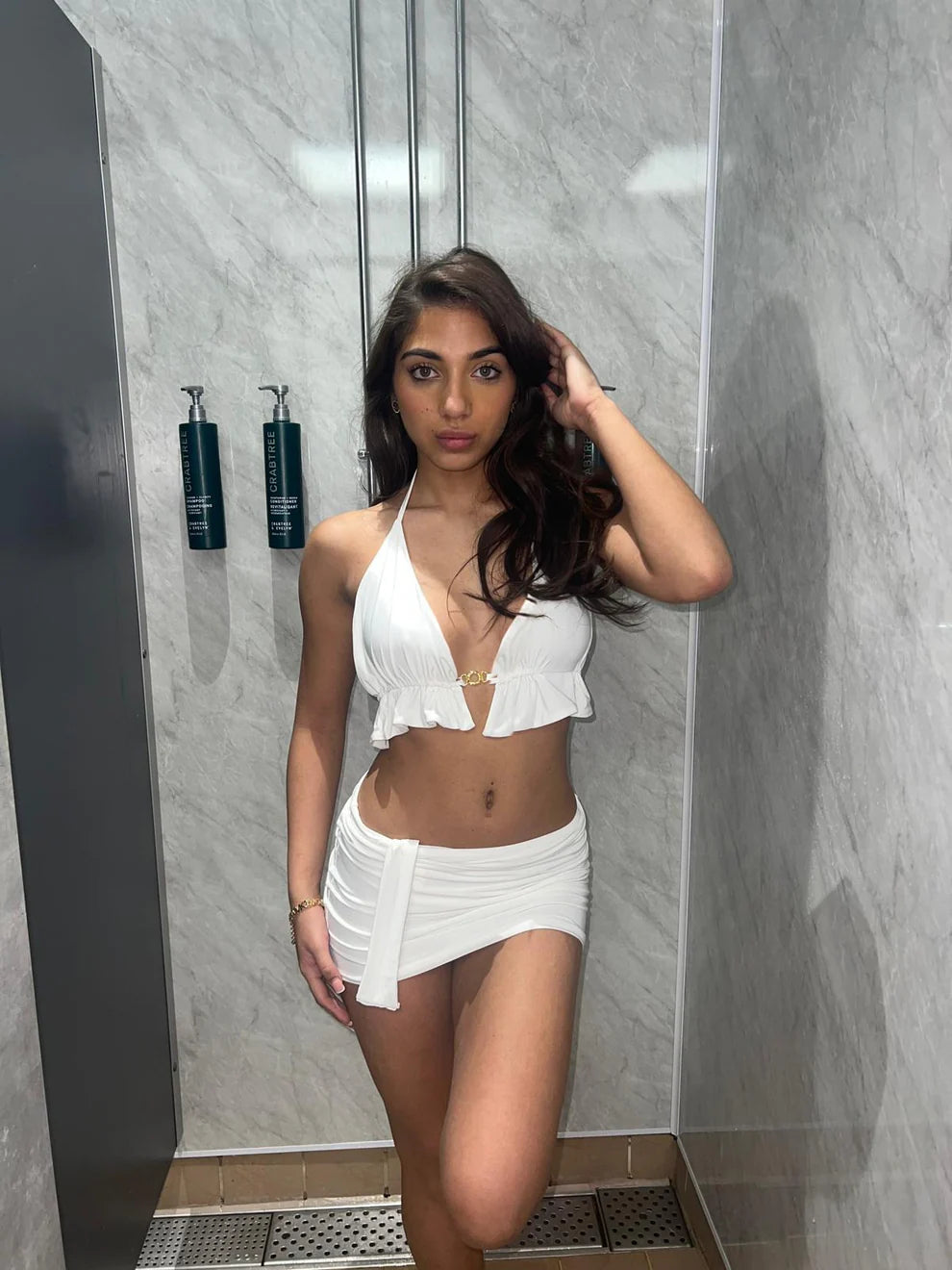 Frill bikini chain top with ruched tie mini skirt 3050