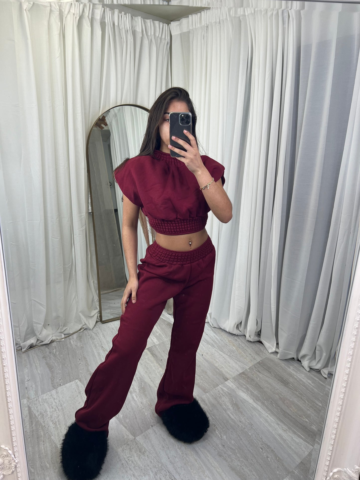 Sleeveless shoulder padded wide leg loungewear set