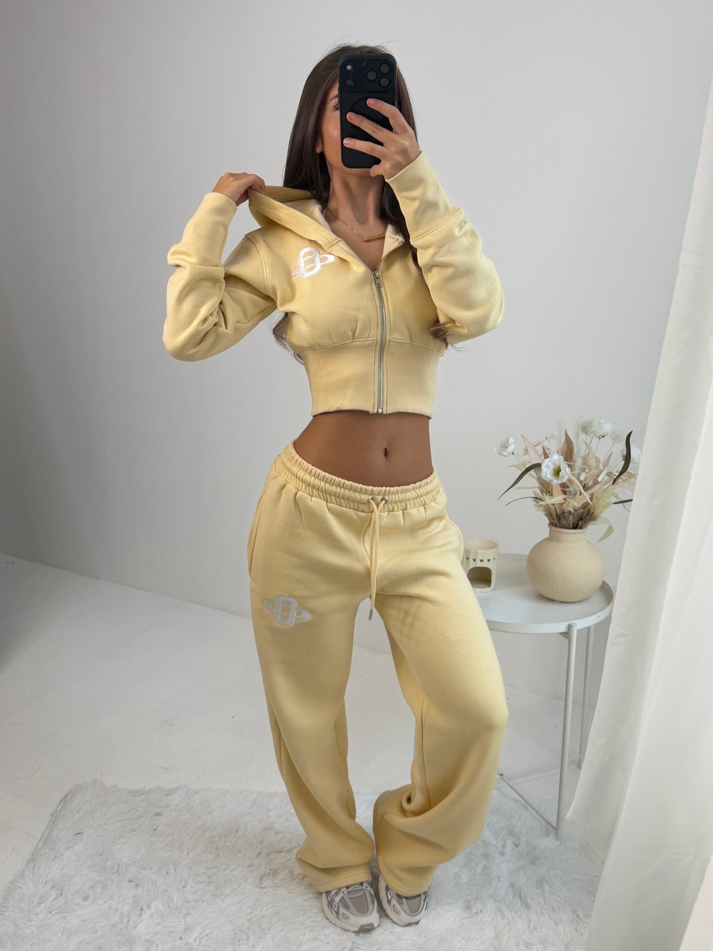Hooded crop top and wide leg bottoms tracksuit set
