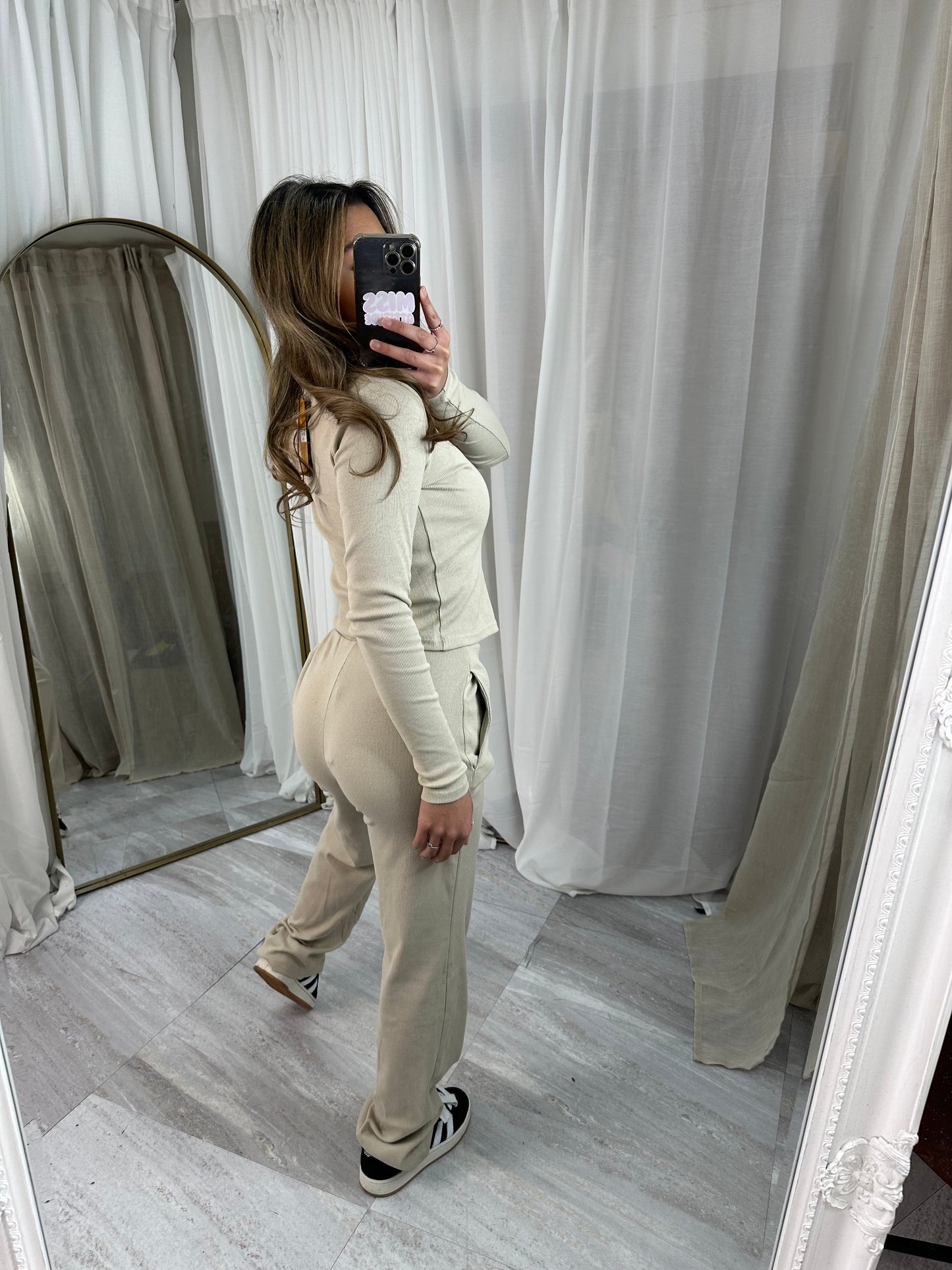 Buttoned ribbed “mae” long sleeved cardigan with straight leg bottoms lounge set