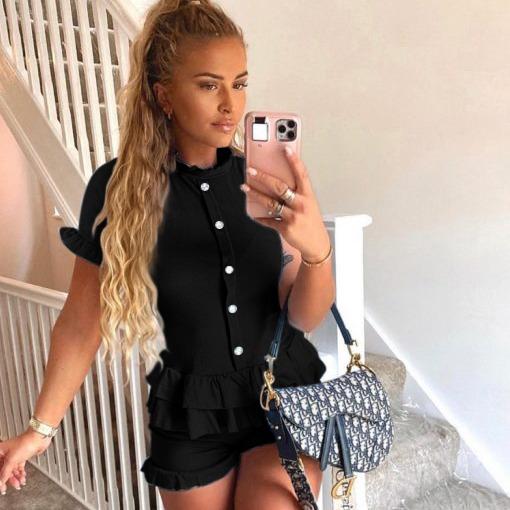 Amy ribbed peplum top and frilled hem shorts lounge wear set