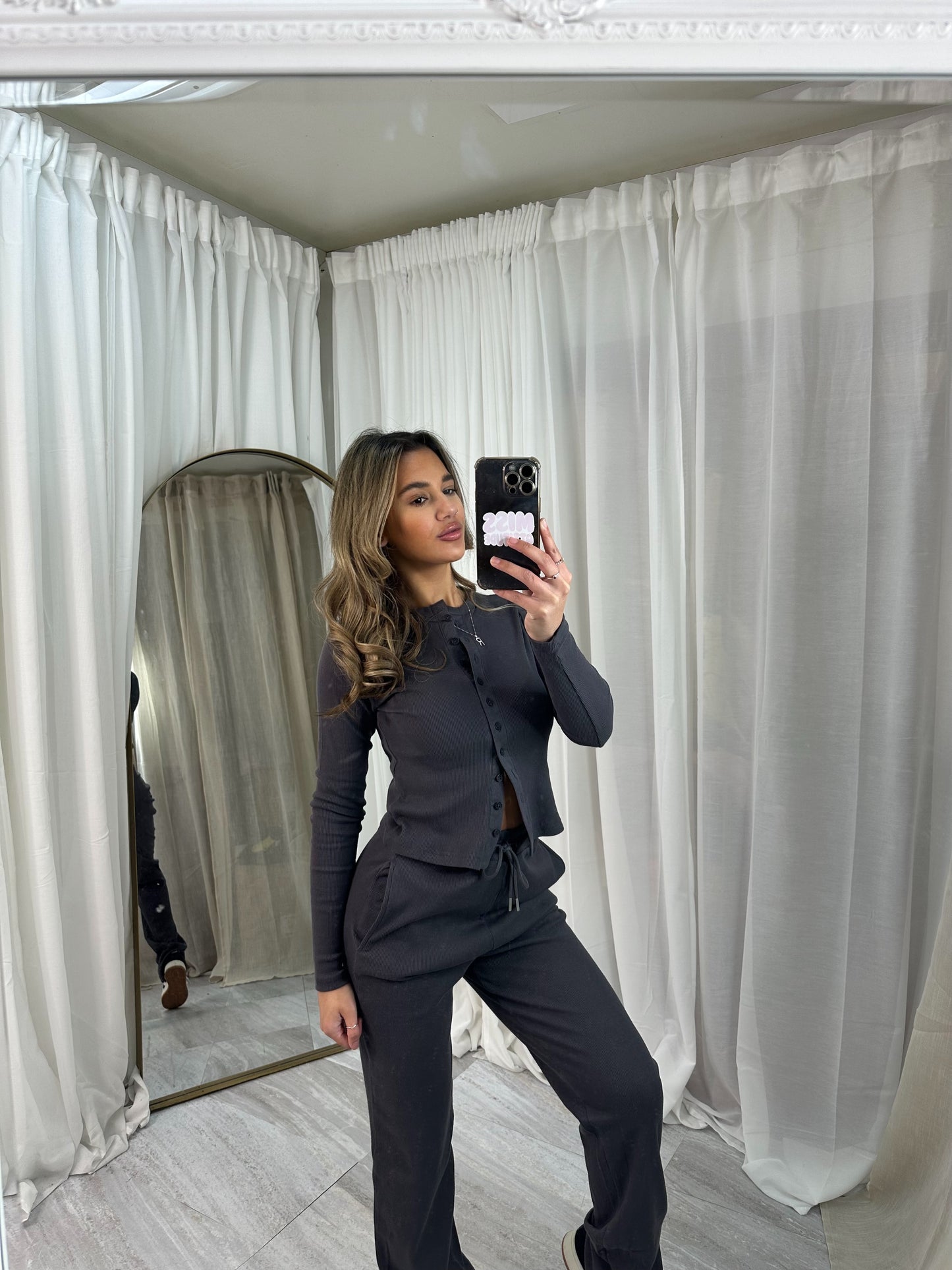 Buttoned ribbed “mae” long sleeved cardigan with straight leg bottoms lounge set