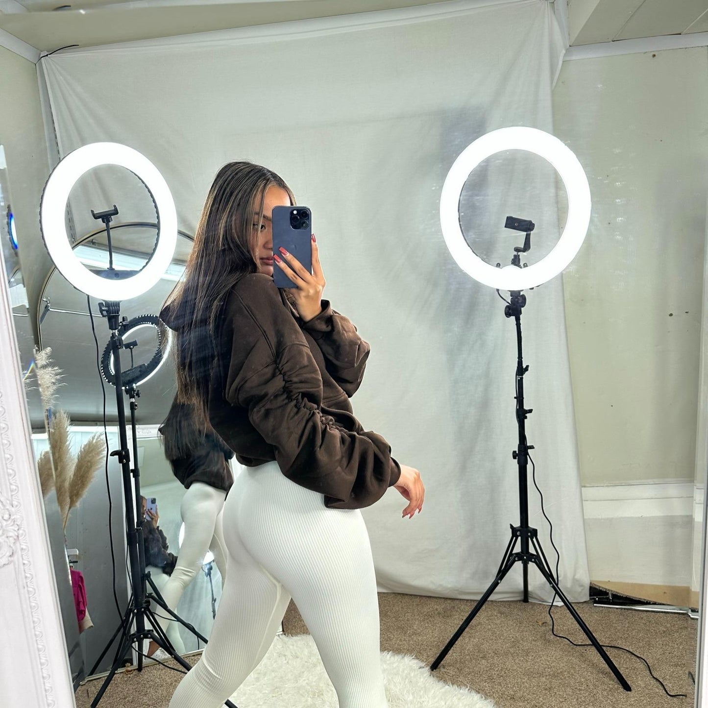 Riley ruche sleeve hoodie with ribbon drawstring