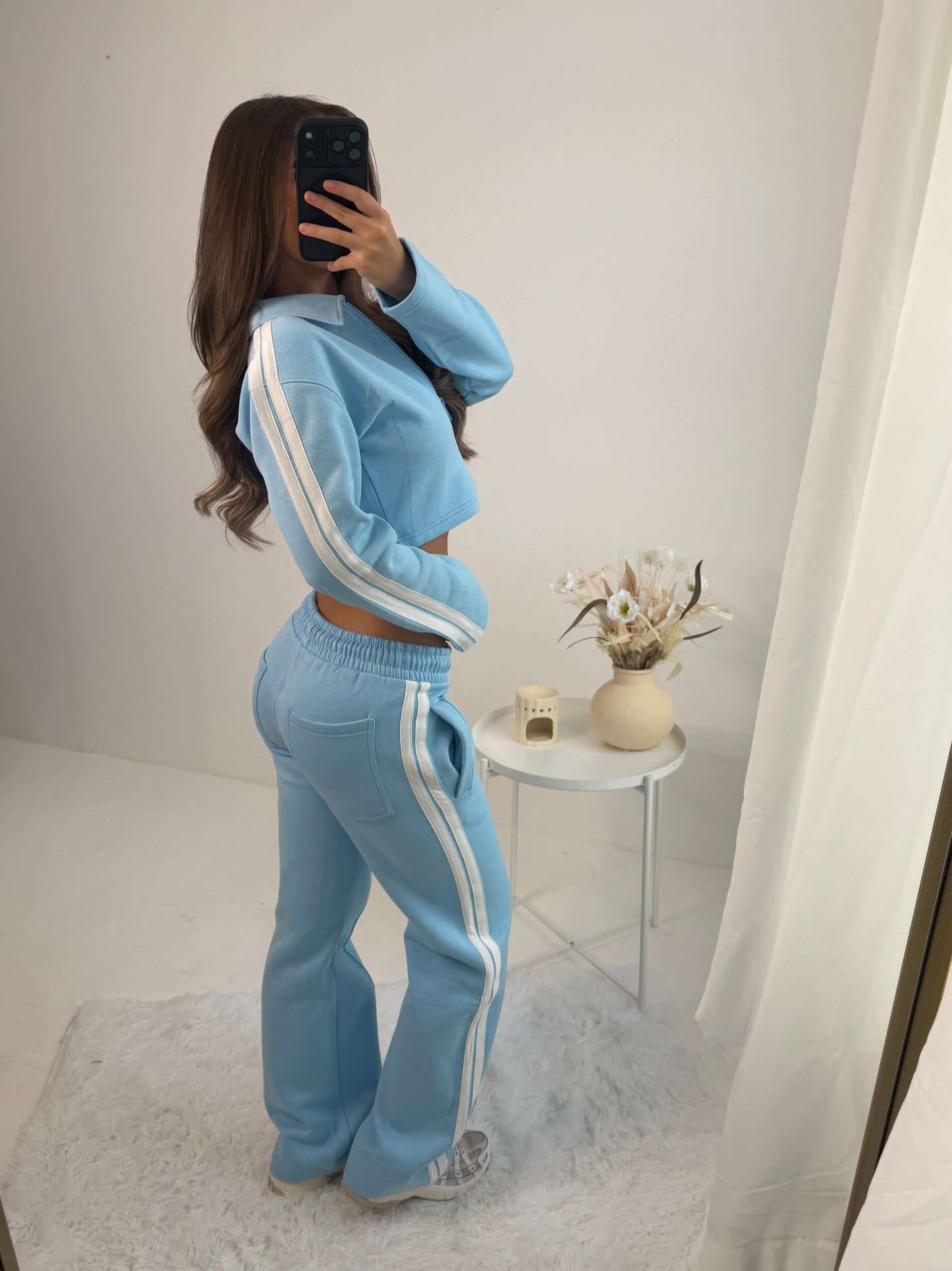 Mia wide leg tracksuit with side stripe and crop top with zipped front lounge wear 2 piece set