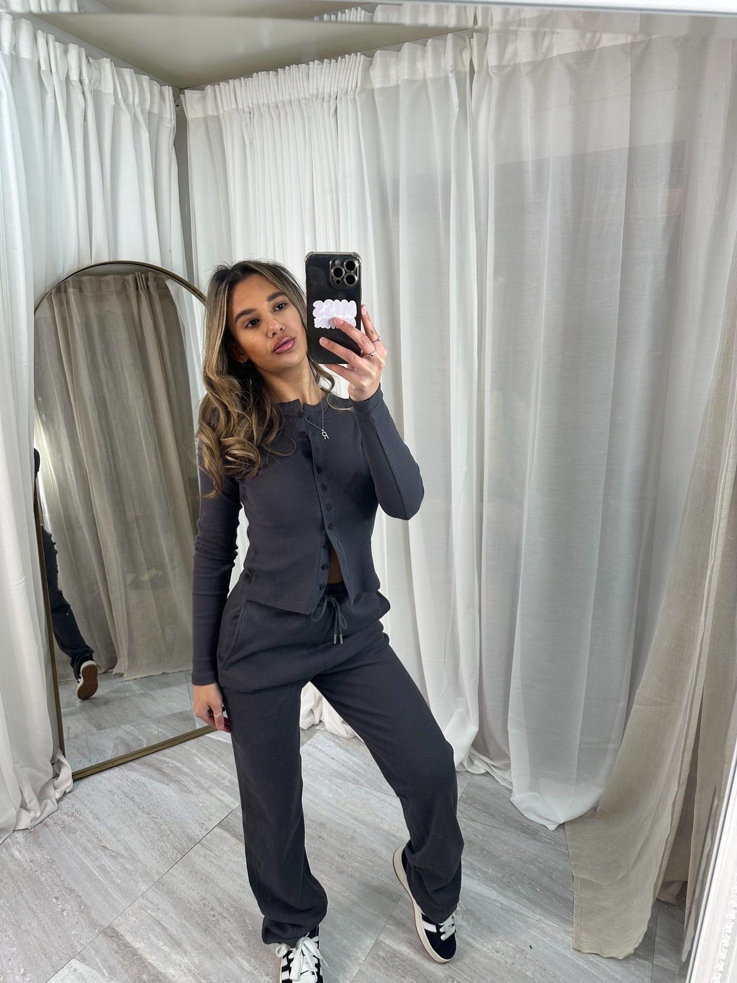 Buttoned ribbed “mae” long sleeved cardigan with straight leg bottoms lounge set