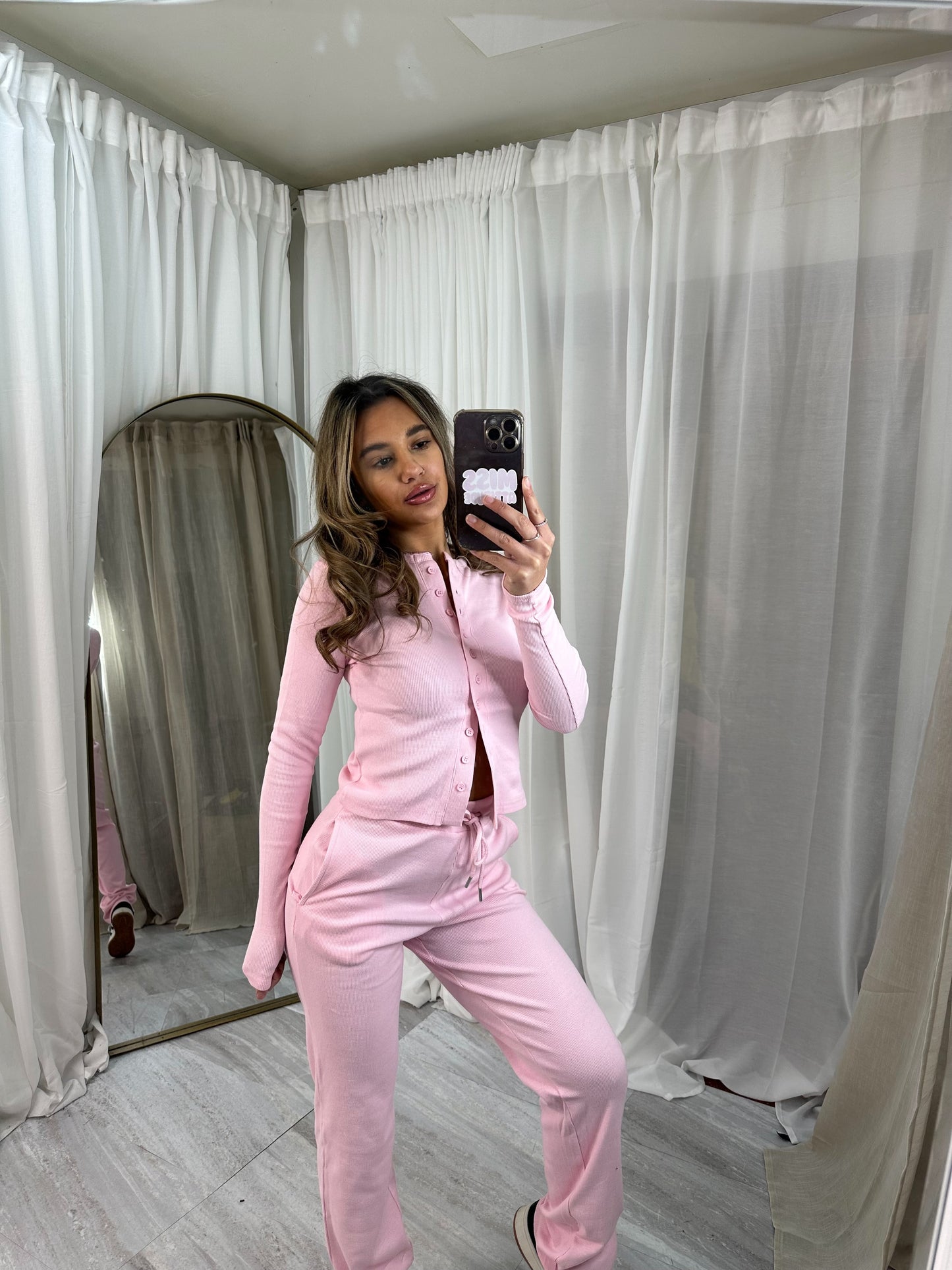 Buttoned ribbed “mae” long sleeved cardigan with straight leg bottoms lounge set