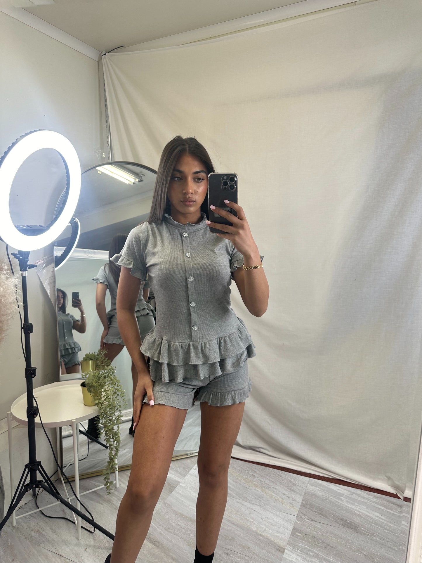 Amy ribbed peplum top and frilled hem shorts lounge wear set