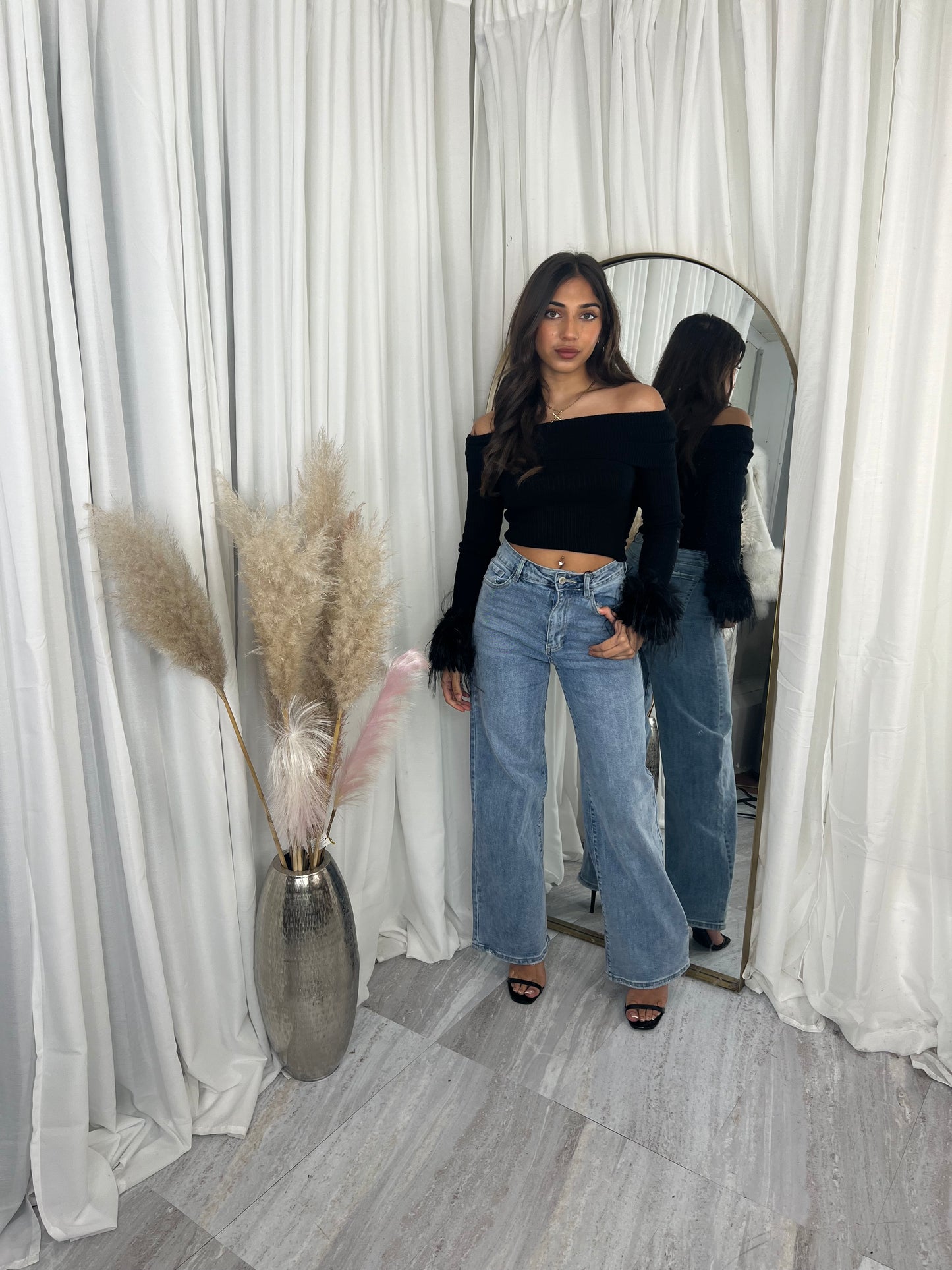 Feather cuff ribbed off the shoulder jumper