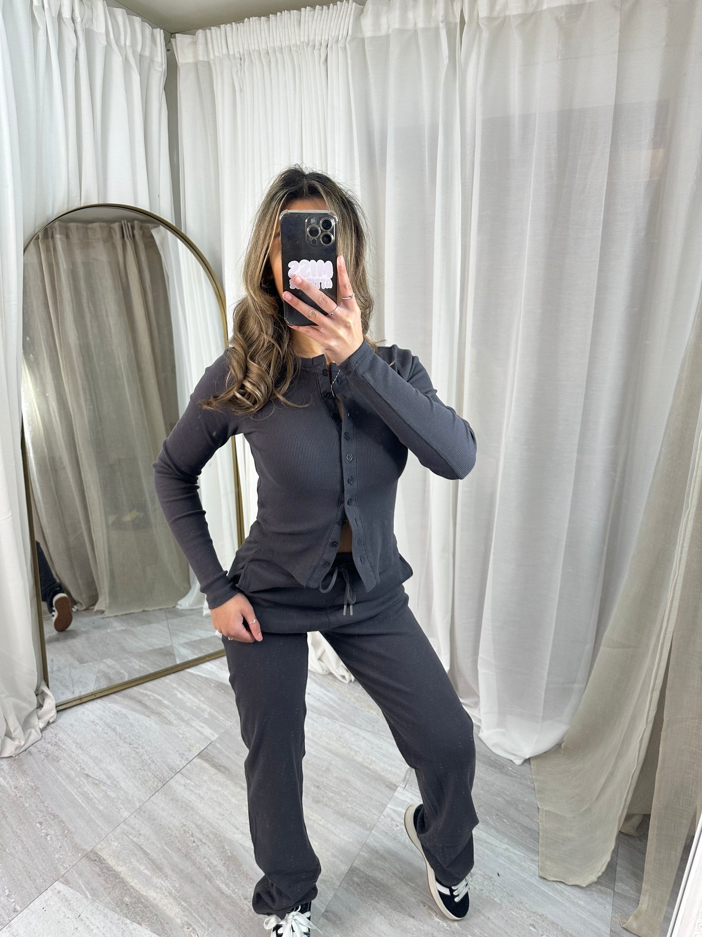 Buttoned ribbed “mae” long sleeved cardigan with straight leg bottoms lounge set
