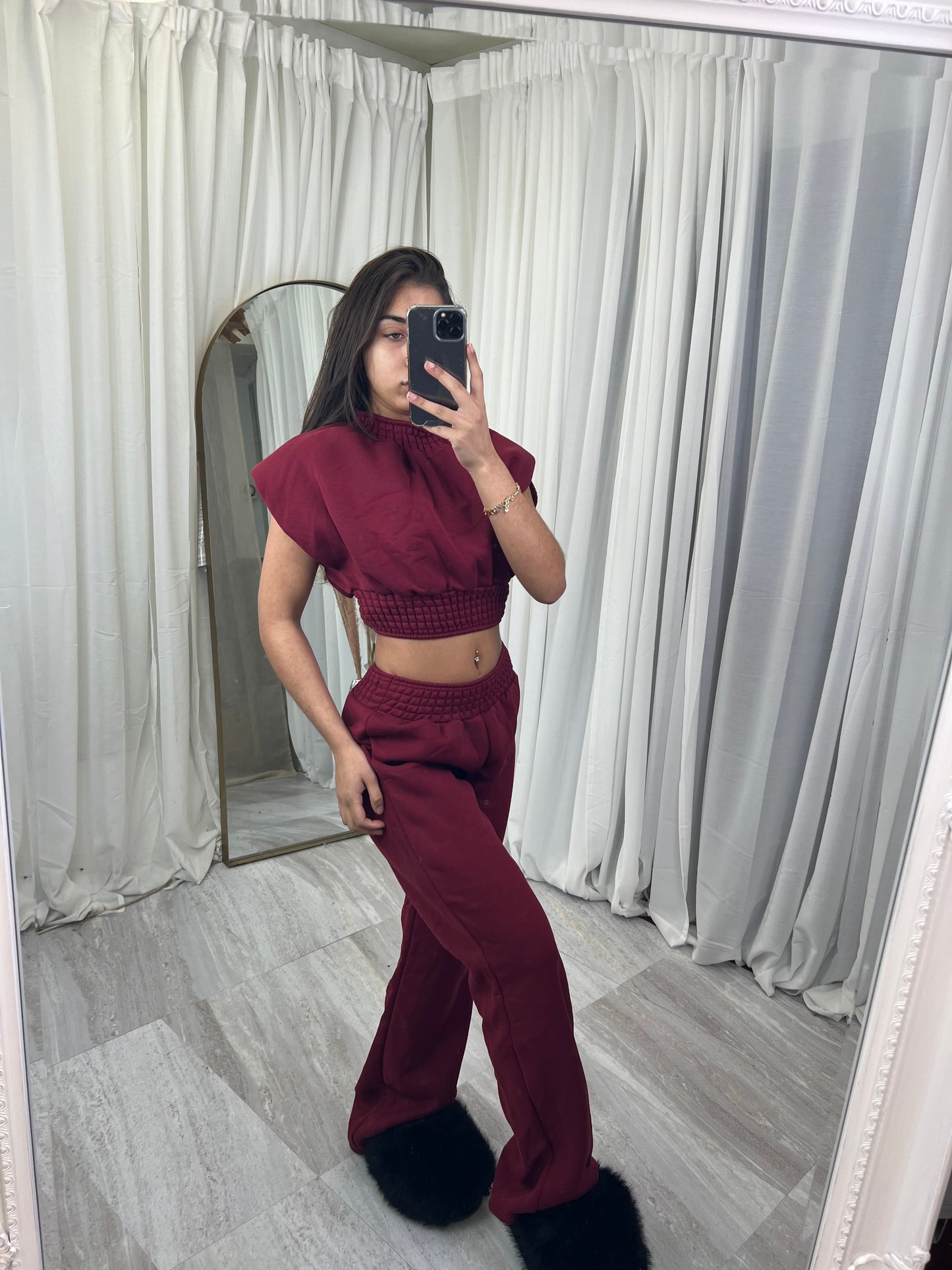Sleeveless shoulder padded wide leg loungewear set