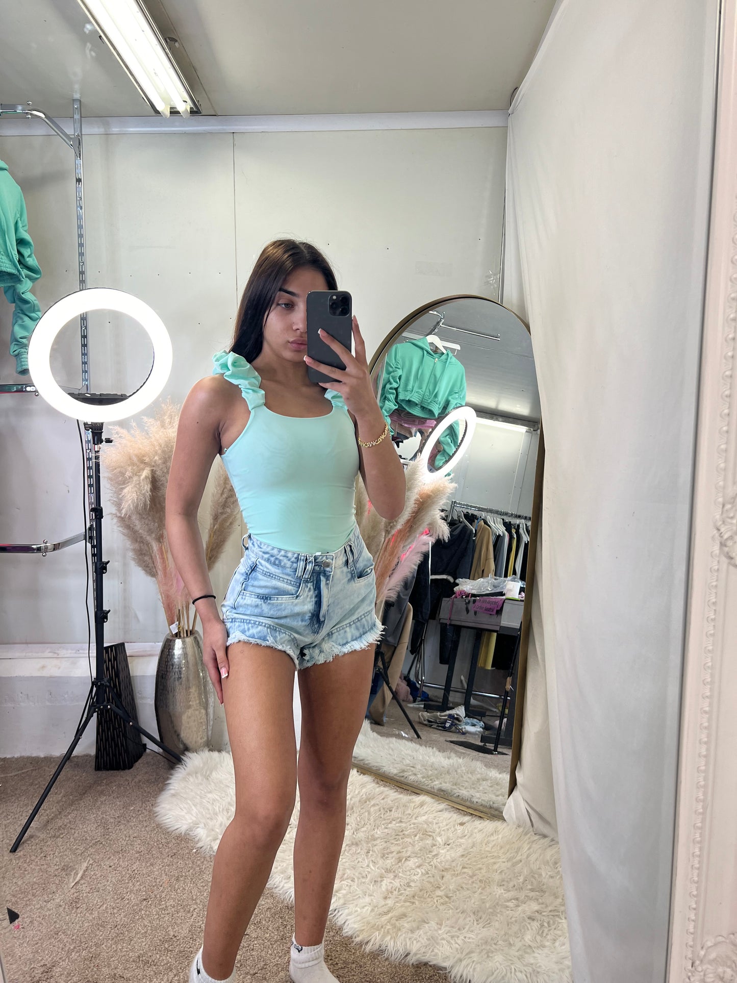 Harper denim frilled hem shorts