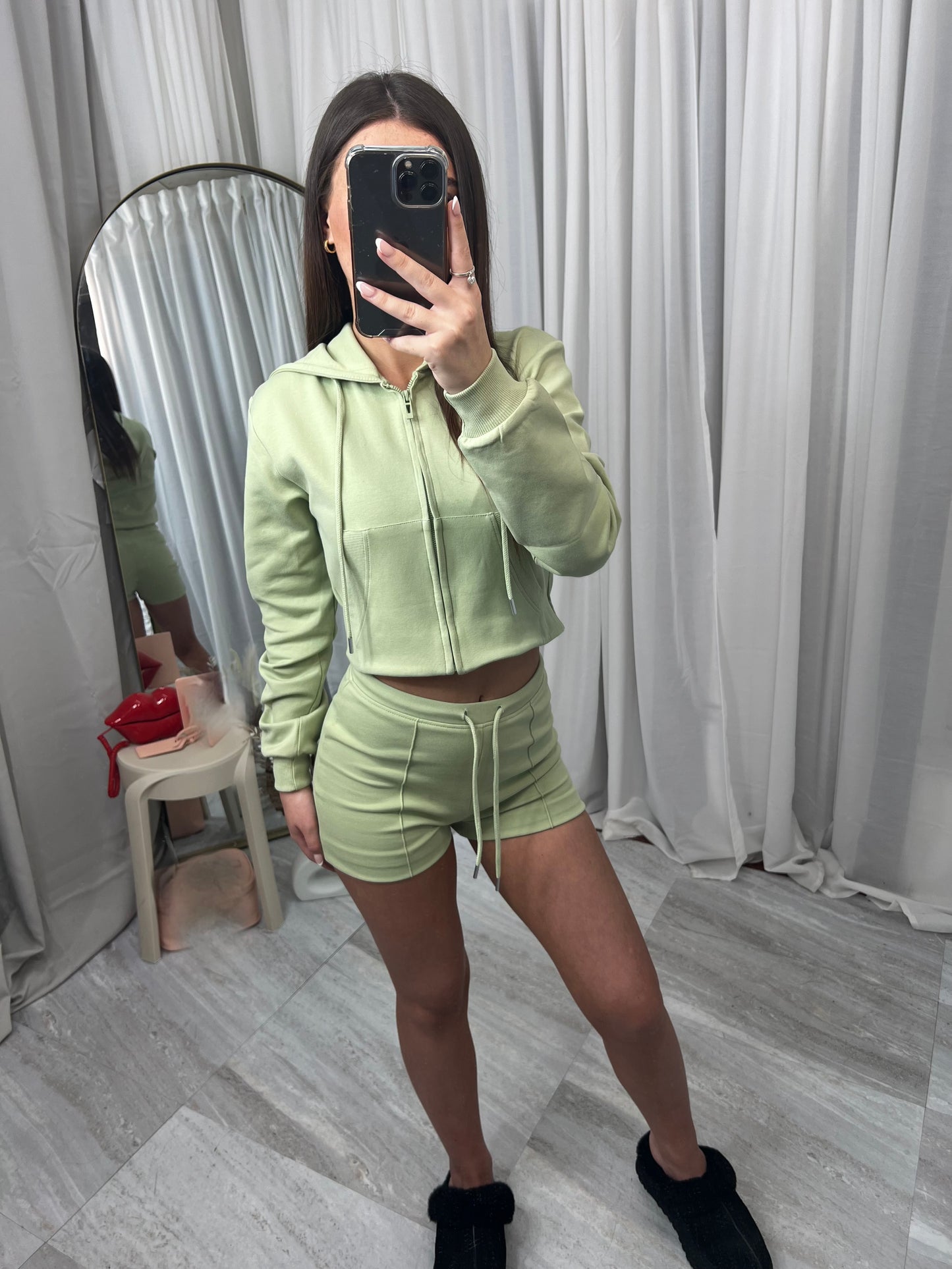 Hooded top with zip front long sleeved with drawstring shorts and elasticated waist