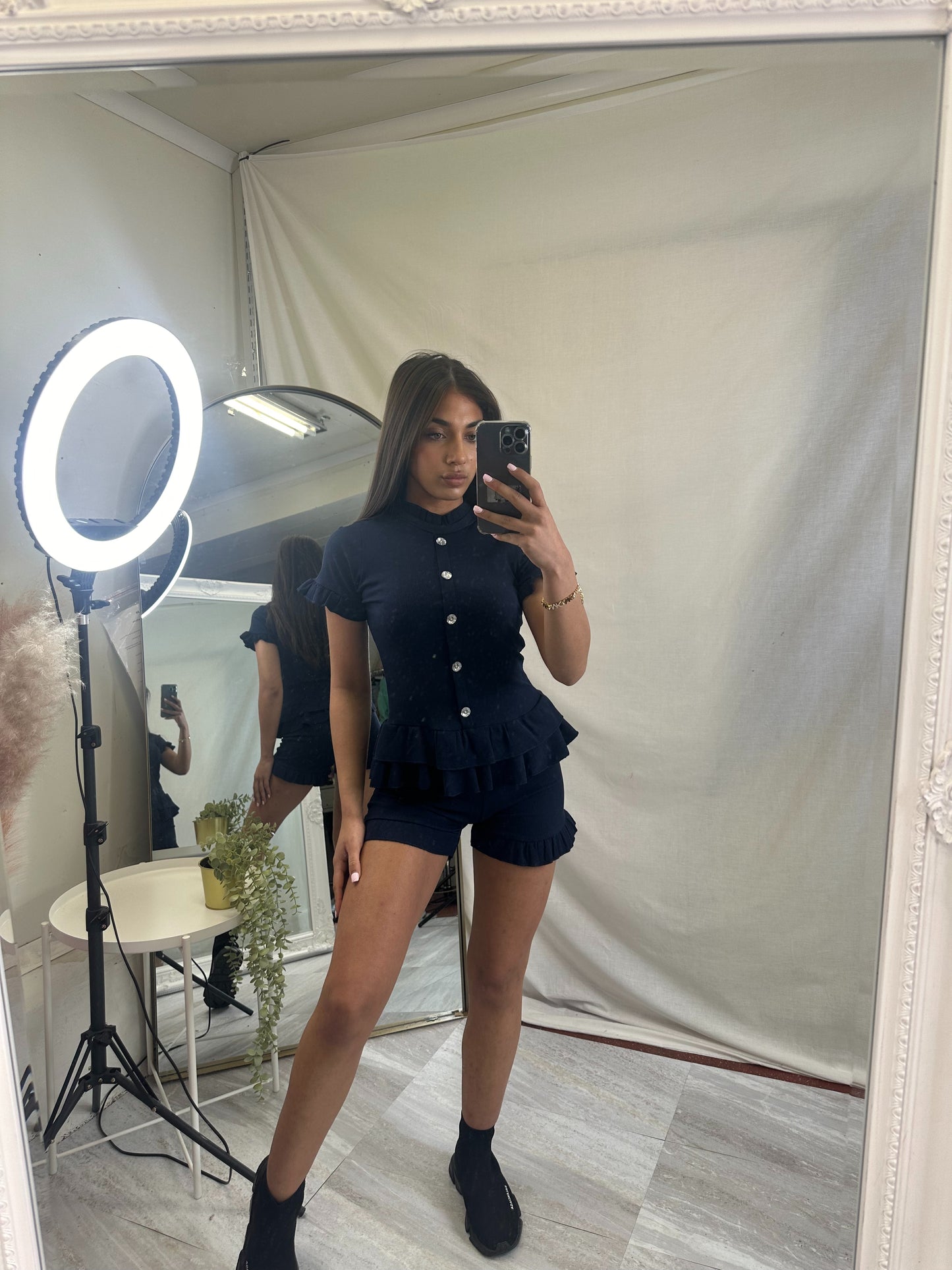Amy ribbed peplum top and frilled hem shorts lounge wear set