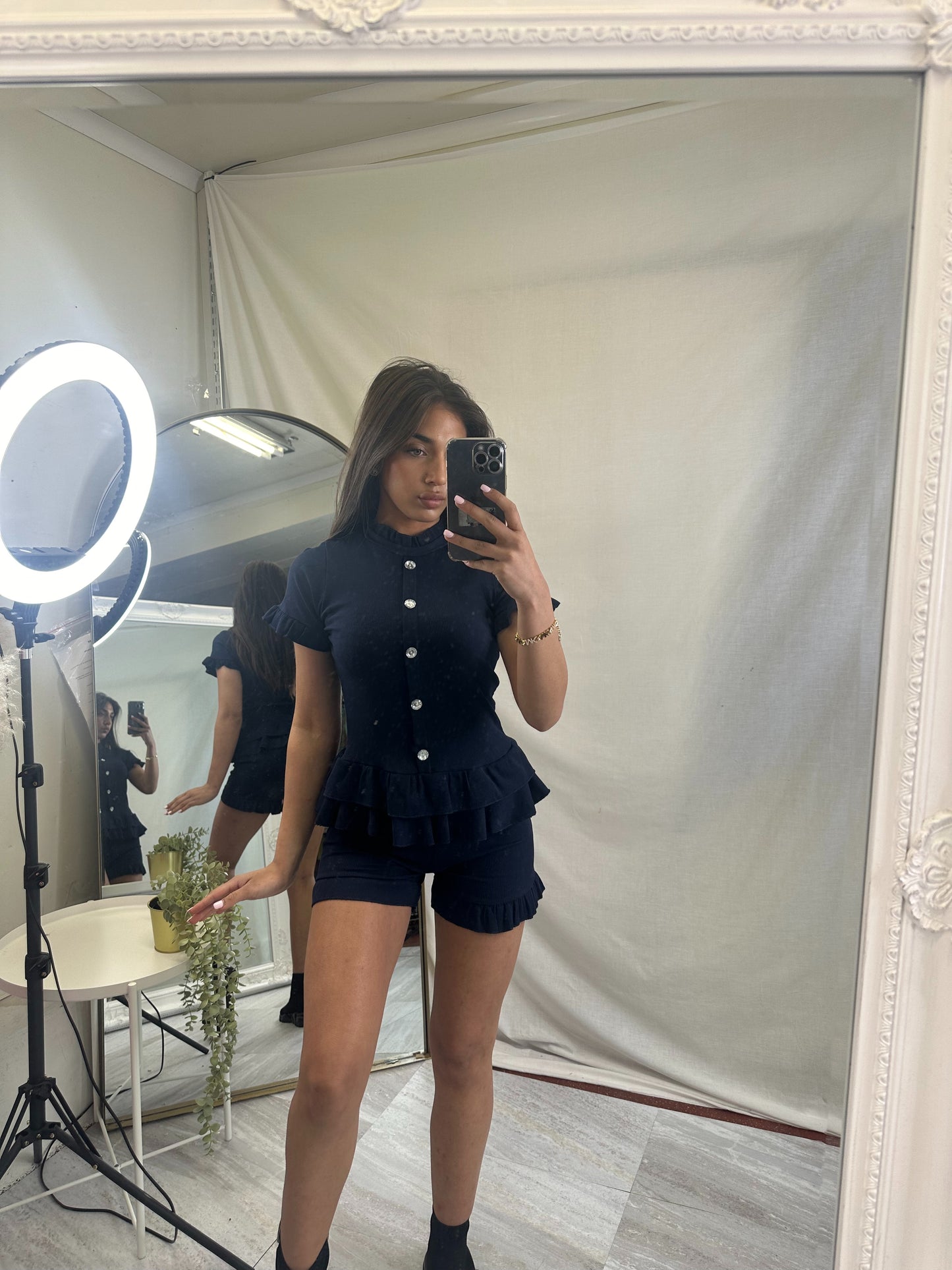 Amy ribbed peplum top and frilled hem shorts lounge wear set