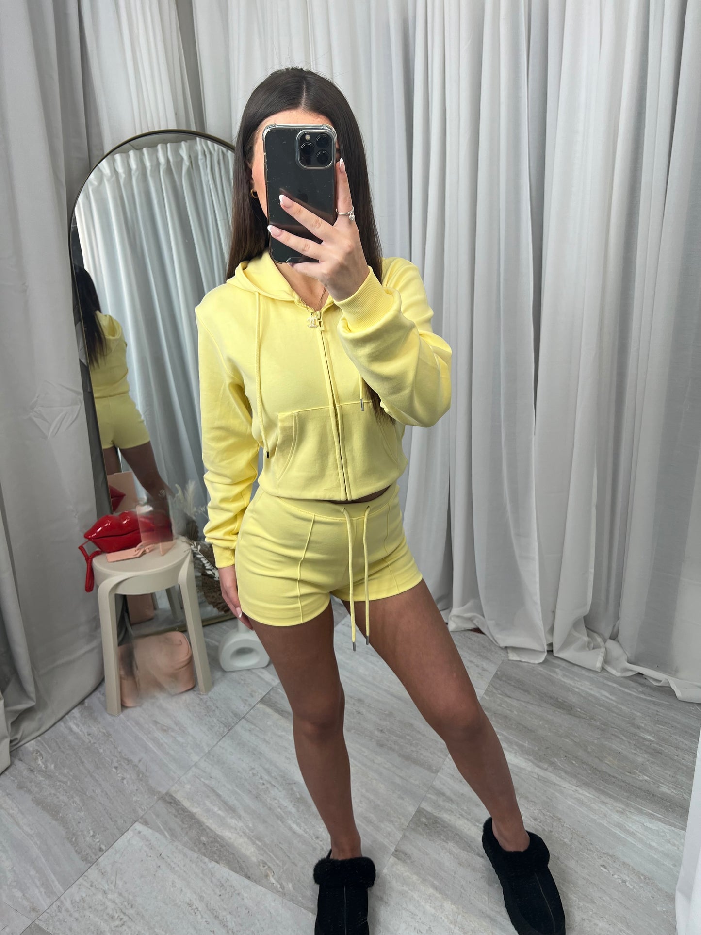 Hooded top with zip front long sleeved with drawstring shorts and elasticated waist