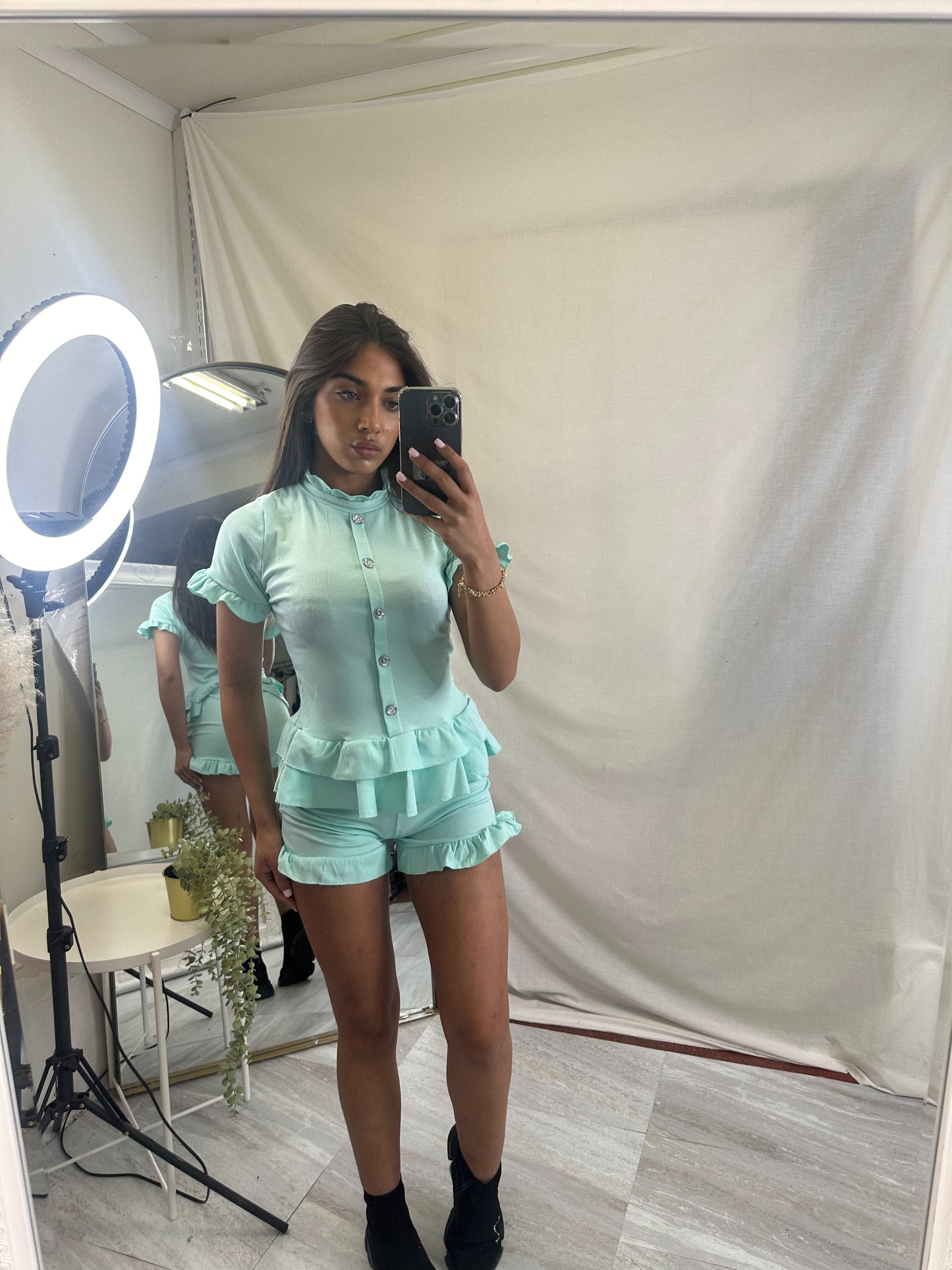 Amy ribbed peplum top and frilled hem shorts lounge wear set