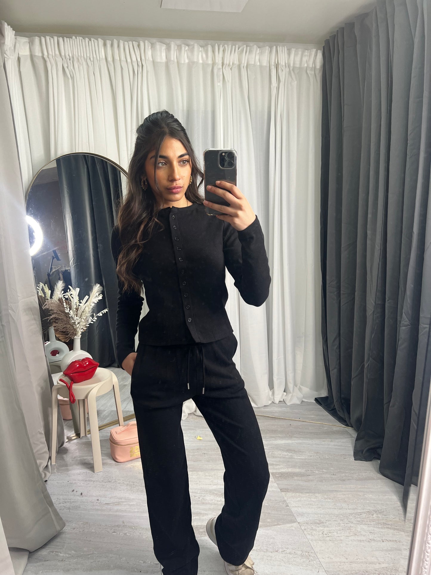 Buttoned ribbed “mae” long sleeved cardigan with straight leg bottoms lounge set