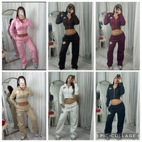 Hooded crop top and wide leg bottoms tracksuit set