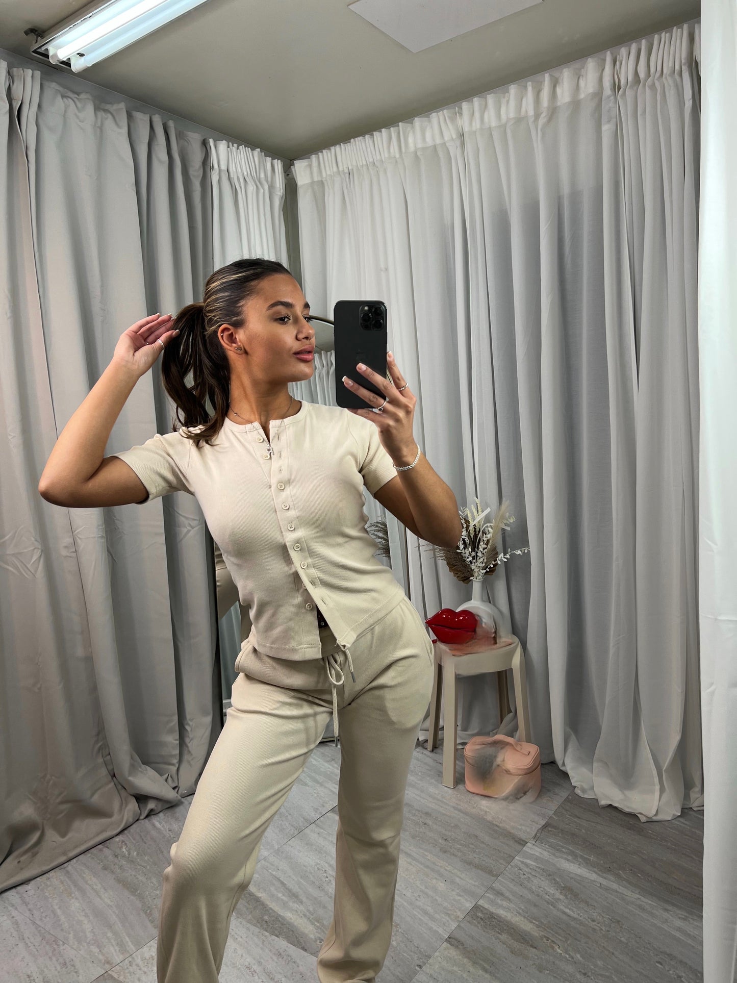 Short sleeved buttoned ribbed “mae” cardigan lounge set