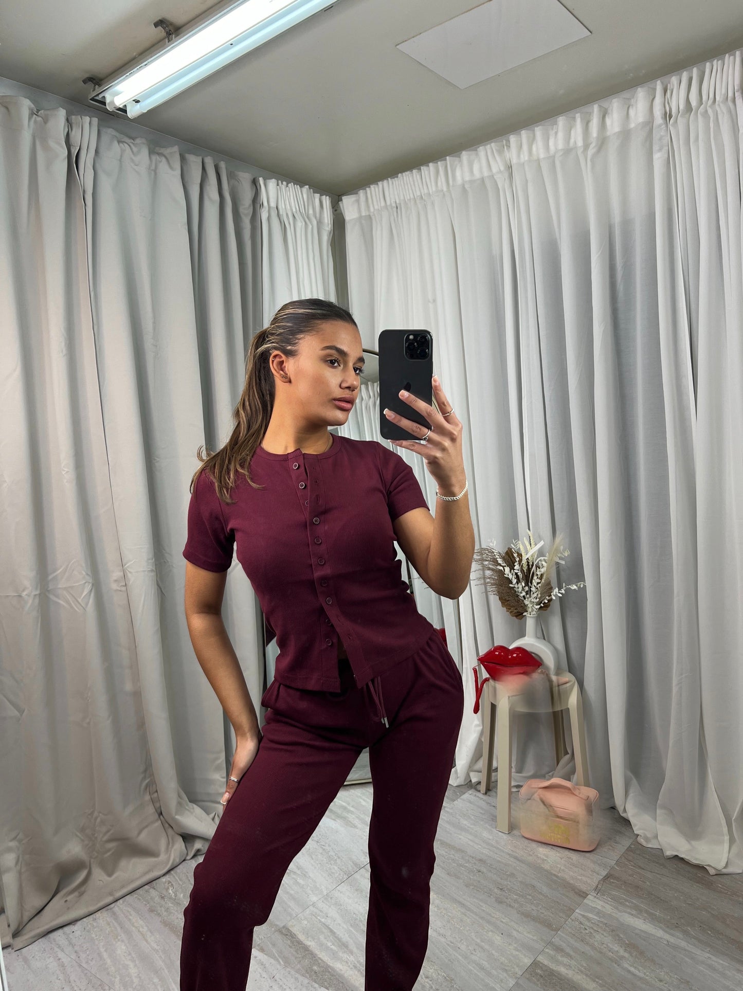 Short sleeved buttoned ribbed “mae” cardigan lounge set