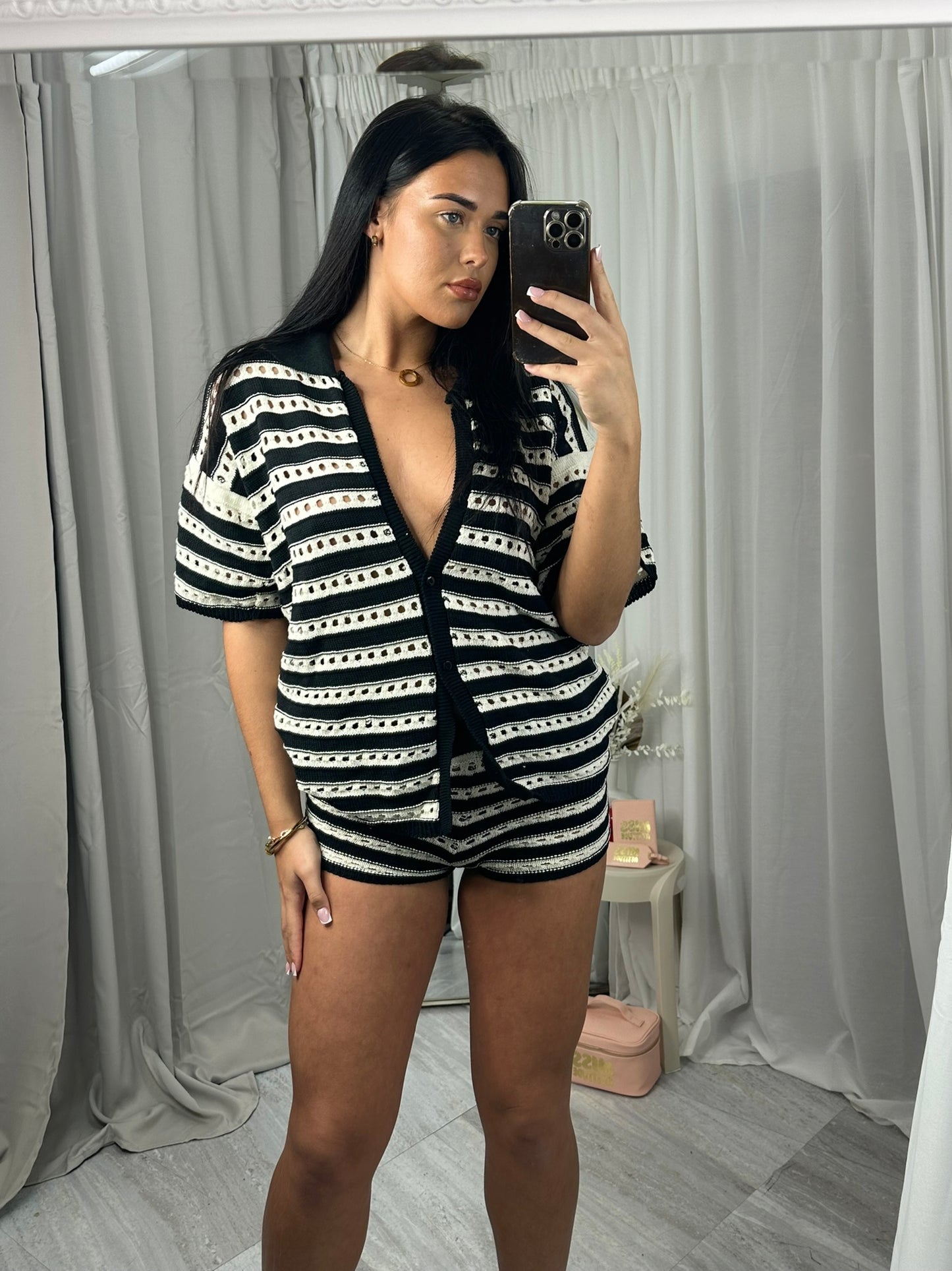 Stripe Crochet Knitted Top and Mirco Shorts