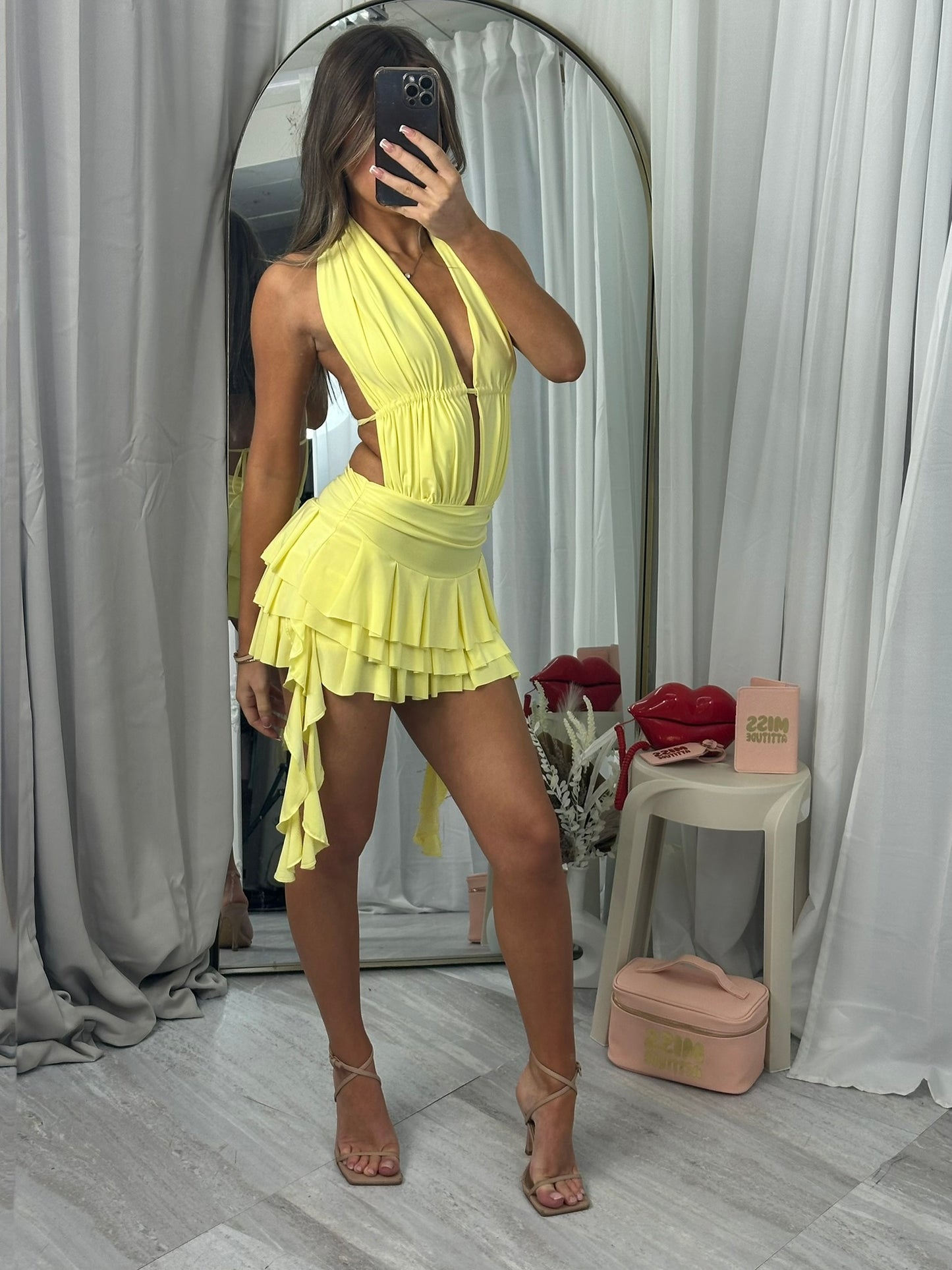 Halter neck layered dress with side drapes