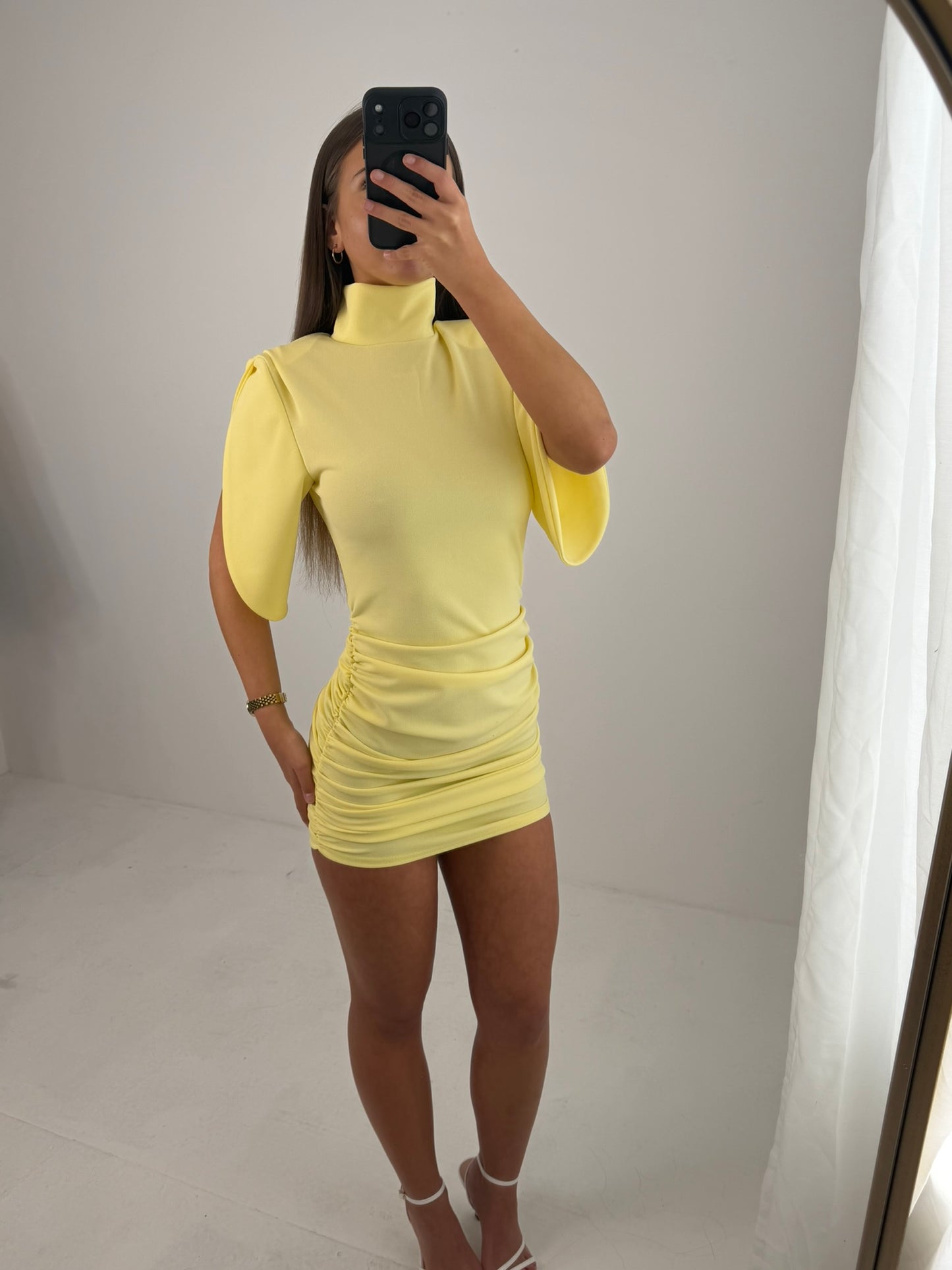 Ruched back high neck open short sleeved mini dress outfit