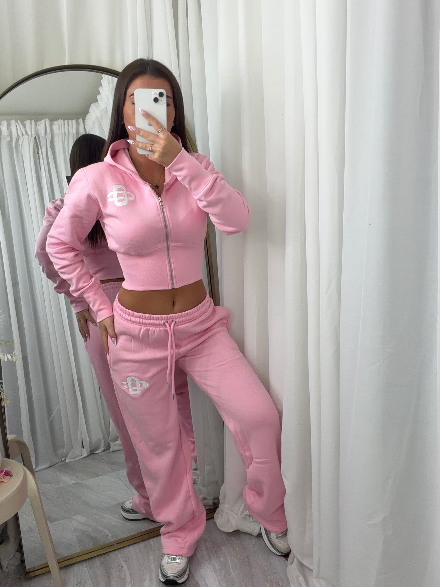 Hooded crop top and wide leg bottoms tracksuit set