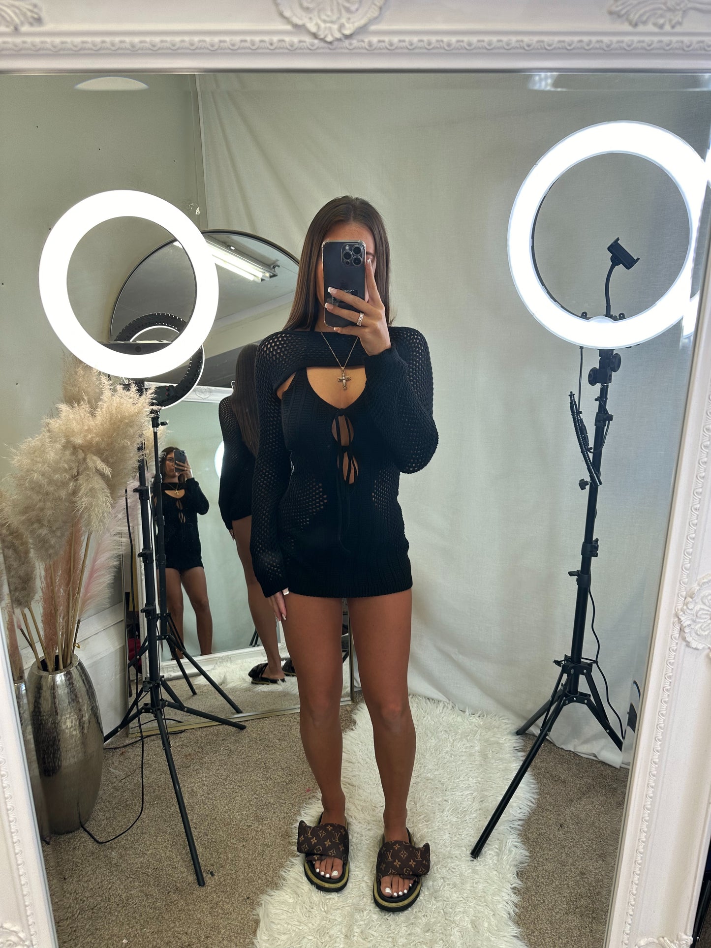 Long sleeve key hole crochet beach cover up