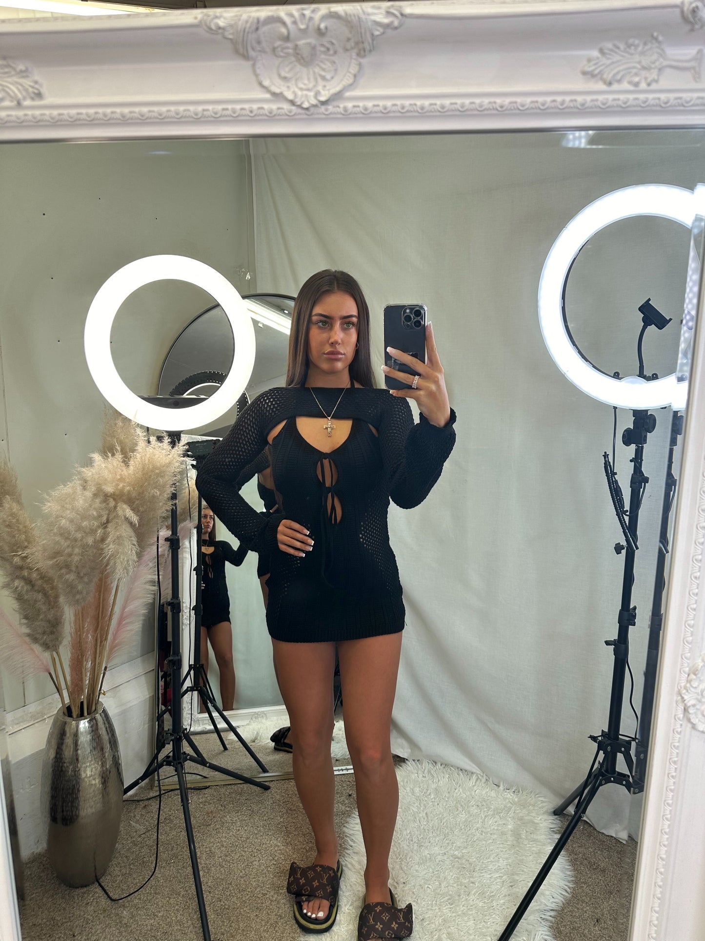 Long sleeve key hole crochet beach cover up