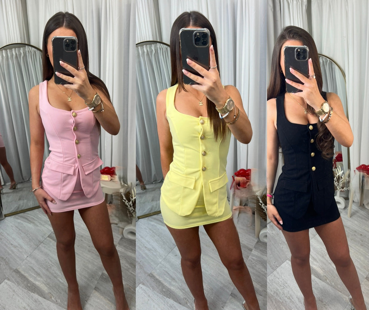 Button Through Waistcoat Top & Mini Skirt Co-ord