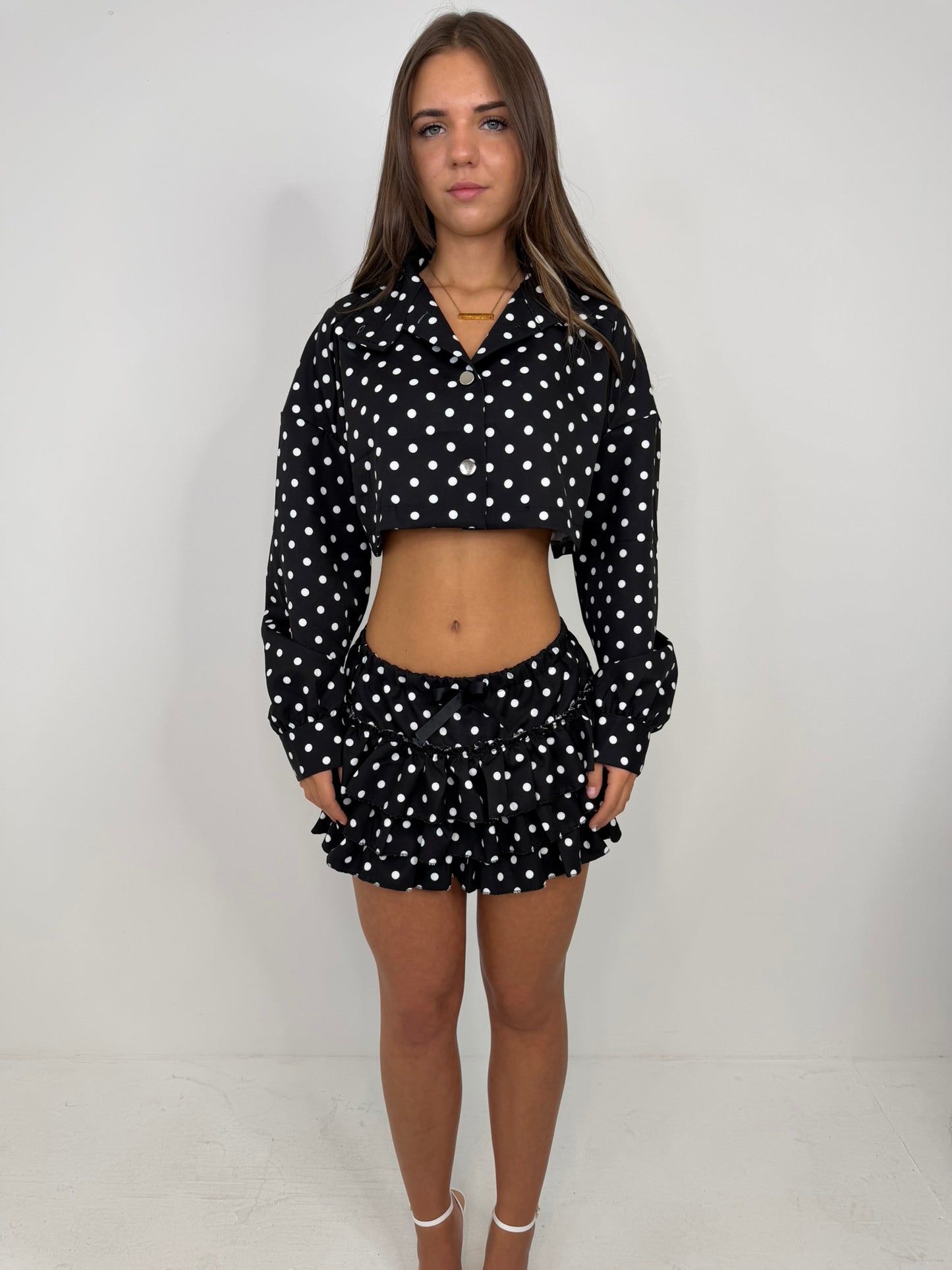 Cropped jacket with layered skorts polka dot outfit
