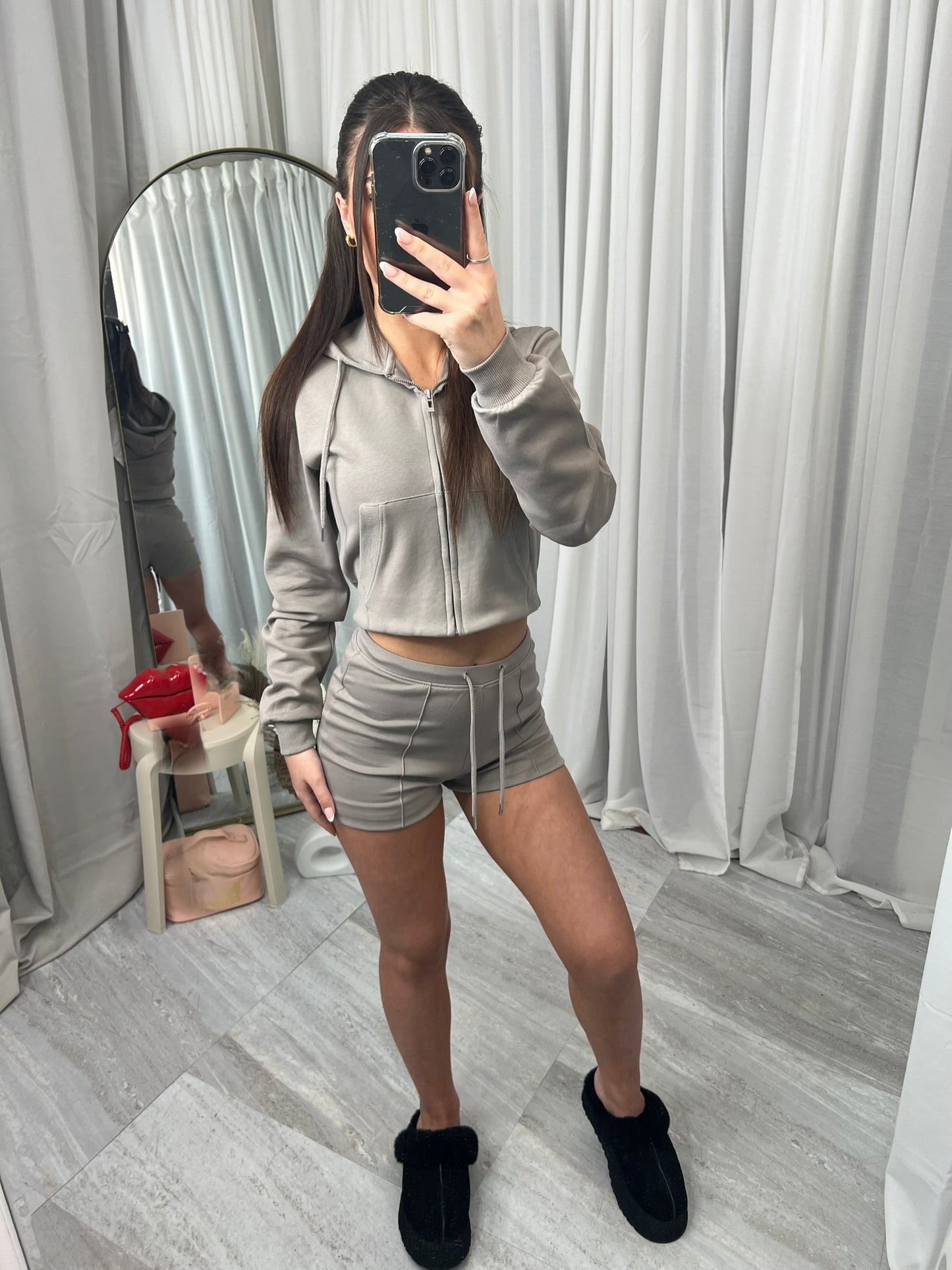 Hooded top with zip front long sleeved with drawstring shorts and elasticated waist