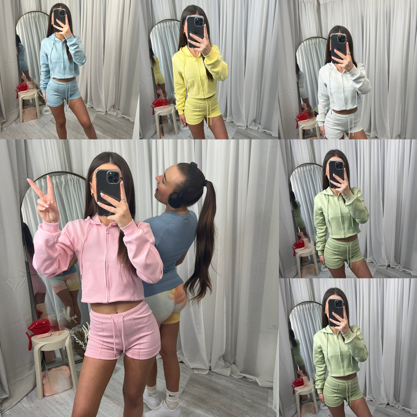Hooded top with zip front long sleeved with drawstring shorts and elasticated waist