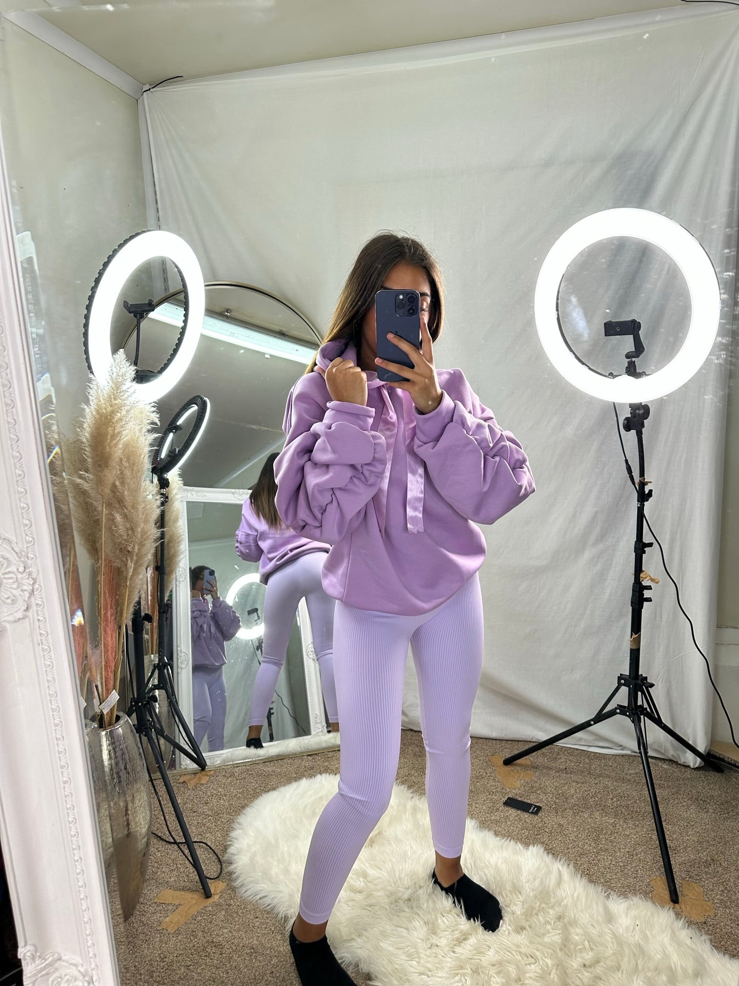 Riley ruche sleeve hoodie with ribbon drawstring