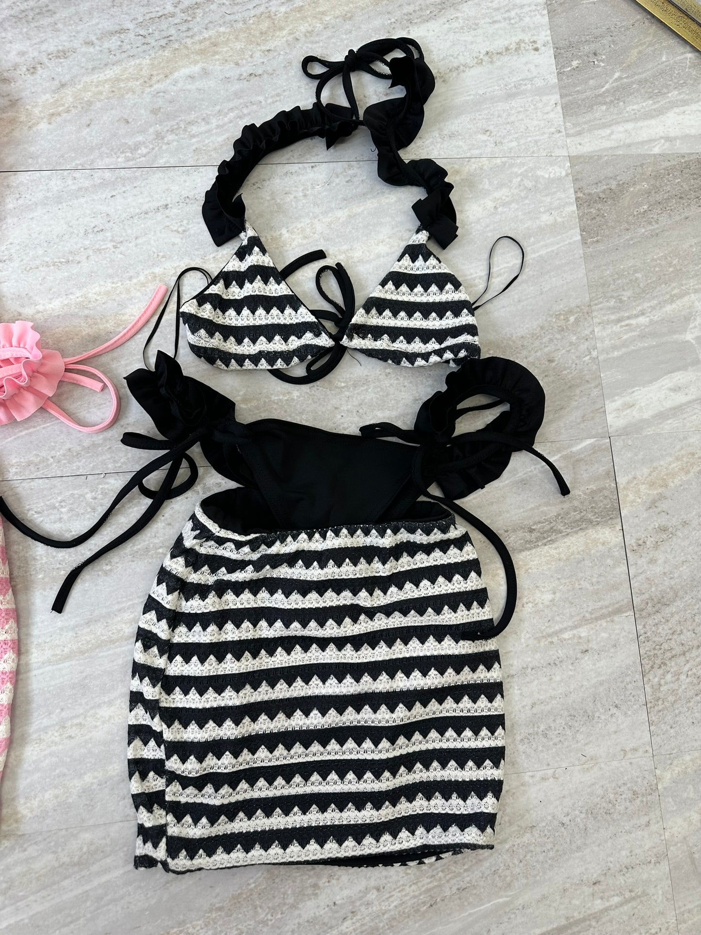 Knitted frill 3 piece bikini cover up sets