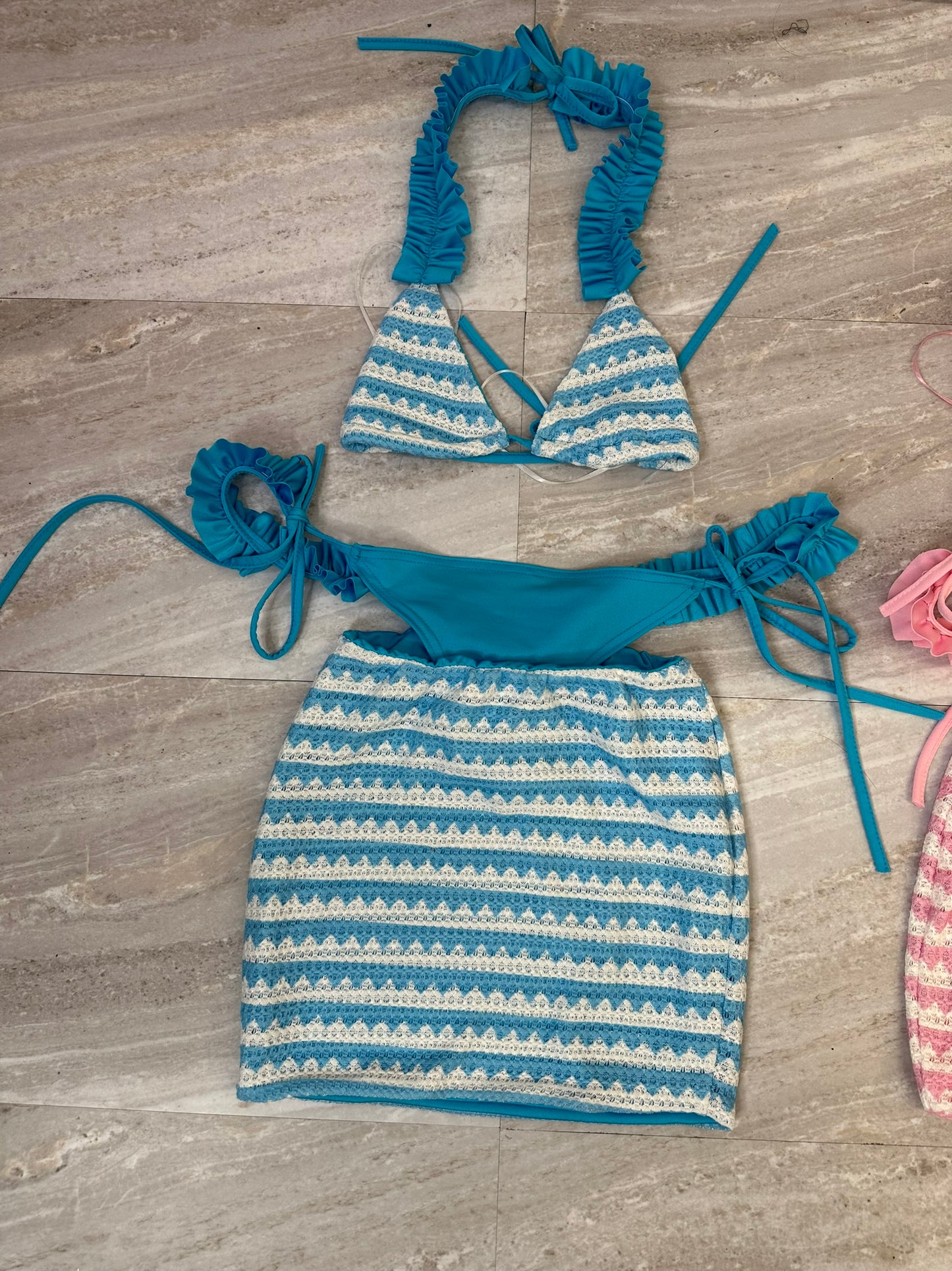 Knitted frill 3 piece bikini cover up sets